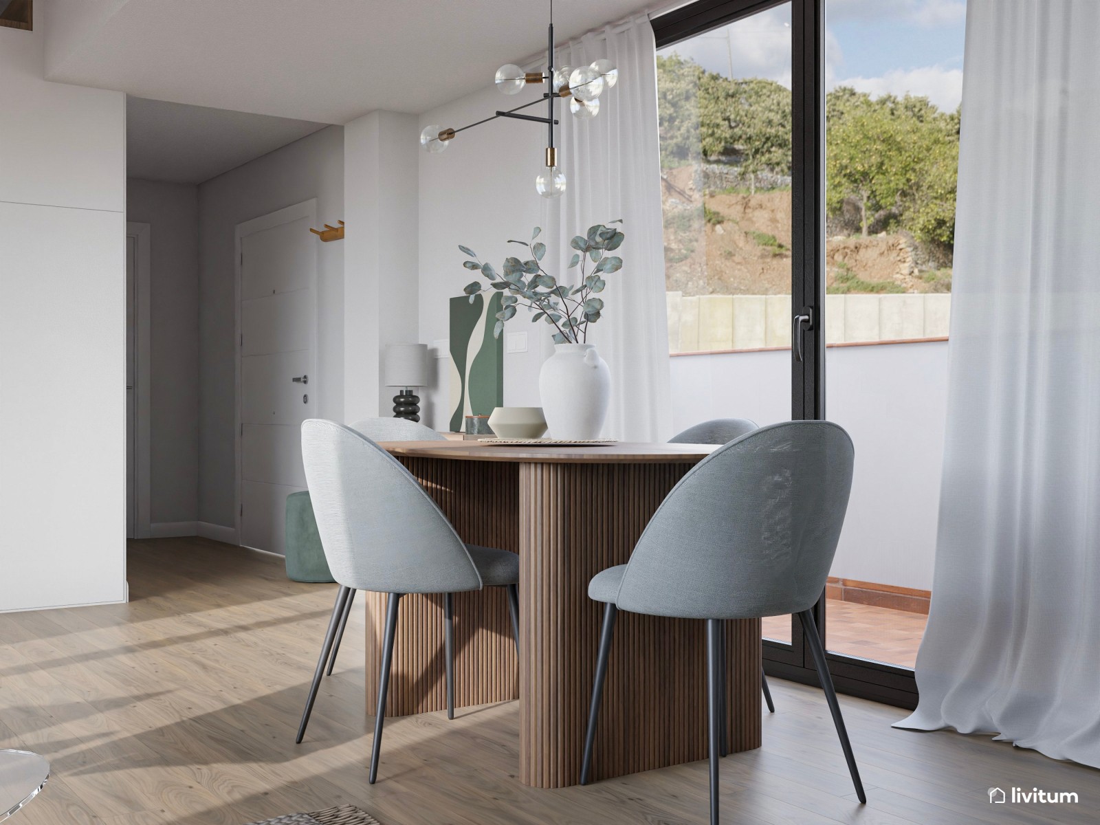 Salón moderno con muebles originales en gris, madera y blanco