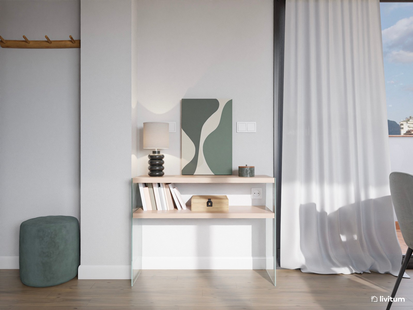 Salón moderno con muebles originales en gris, madera y blanco