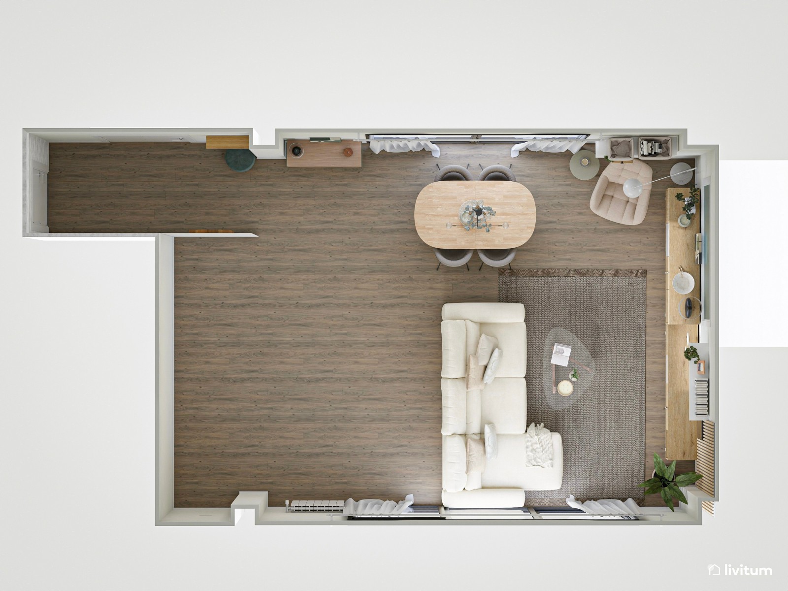 Salón moderno con muebles originales en gris, madera y blanco