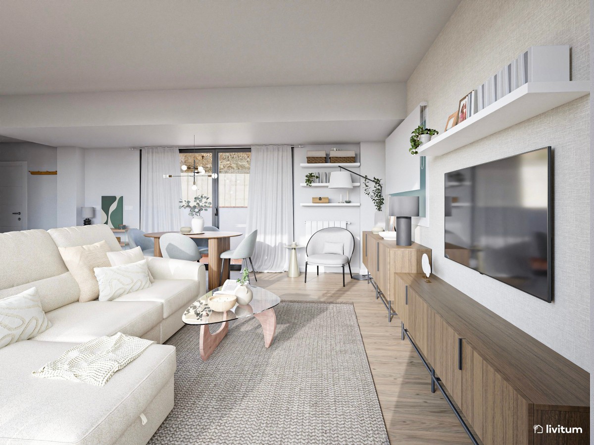 Salón moderno con muebles originales en gris, madera y blanco