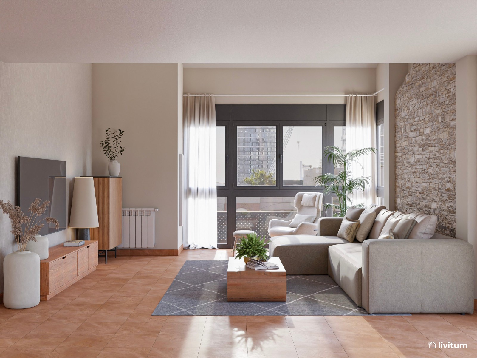 Salón moderno con muro de piedra, madera de acacia y detalles industriales