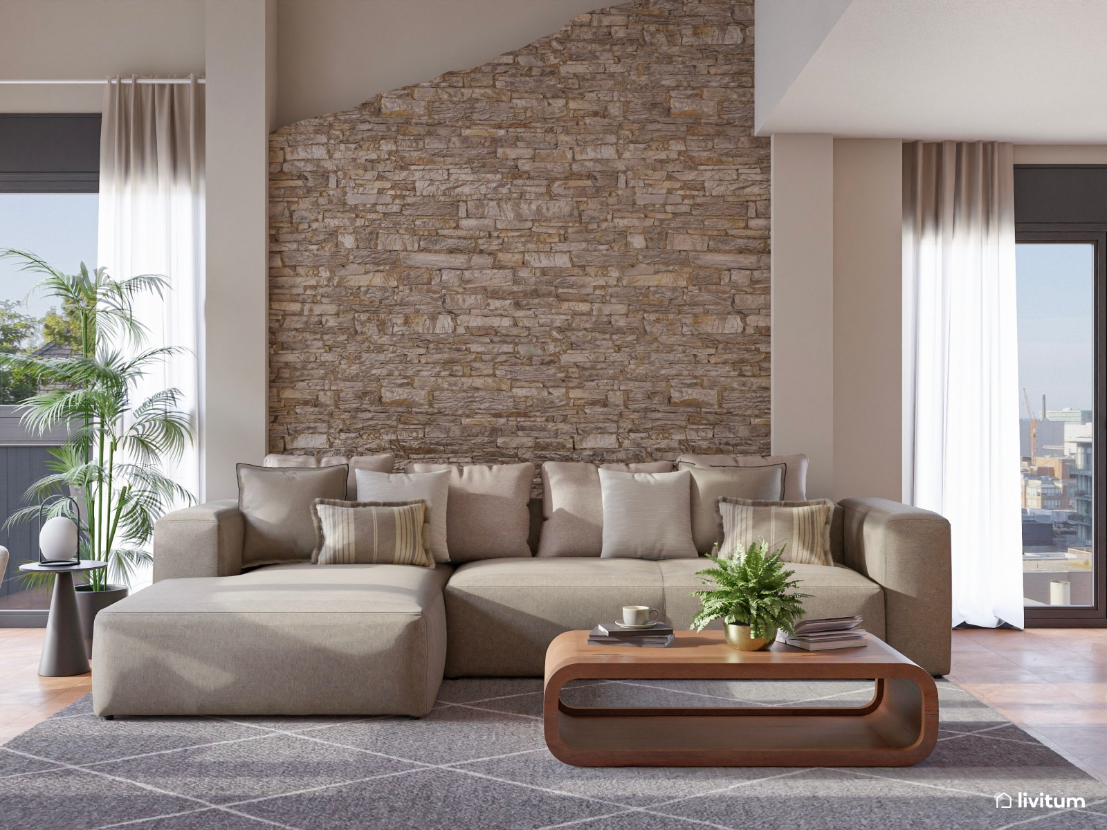 Salón moderno con muro de piedra, madera de acacia y detalles industriales