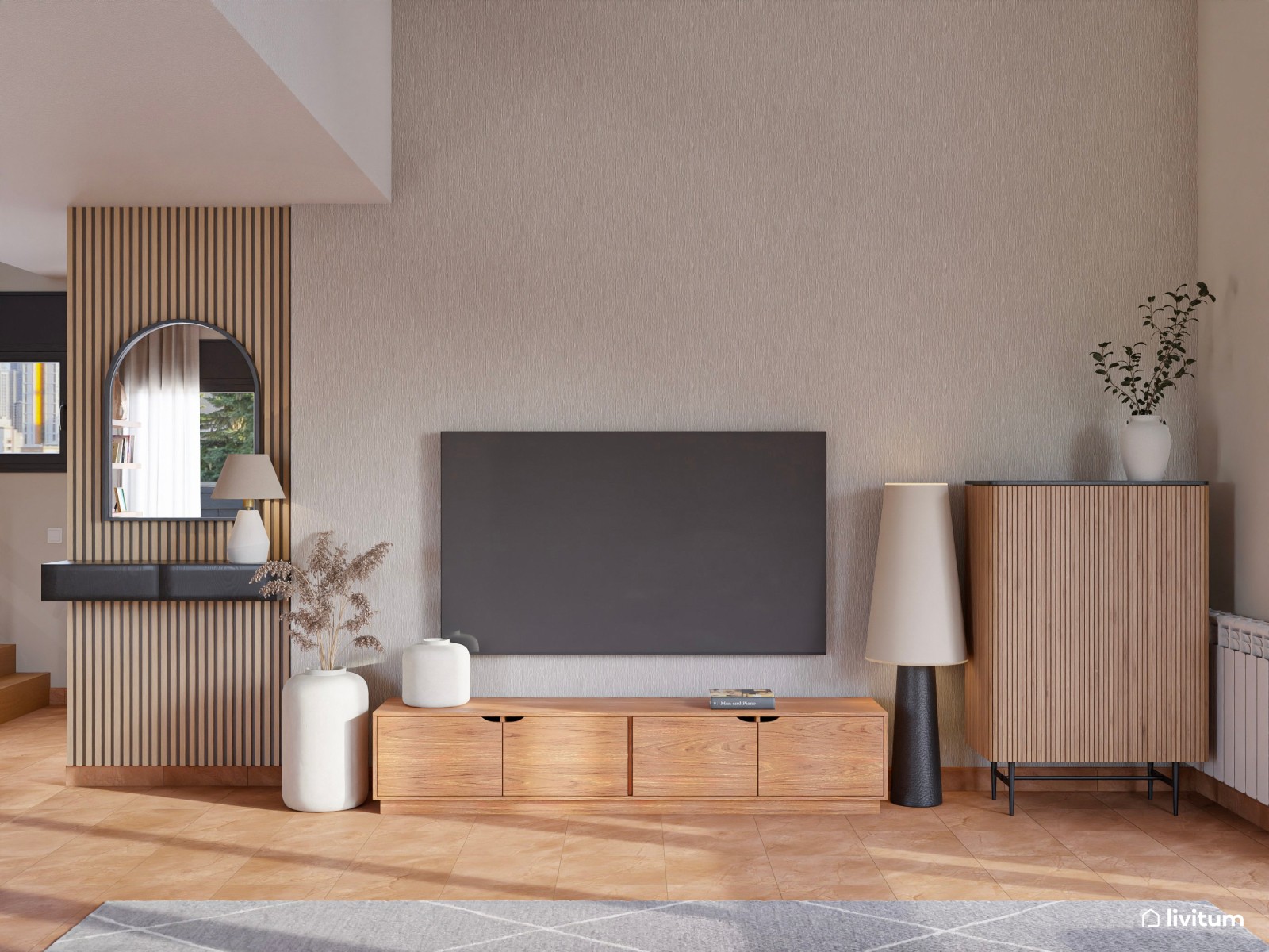 Salón moderno con muro de piedra, madera de acacia y detalles industriales
