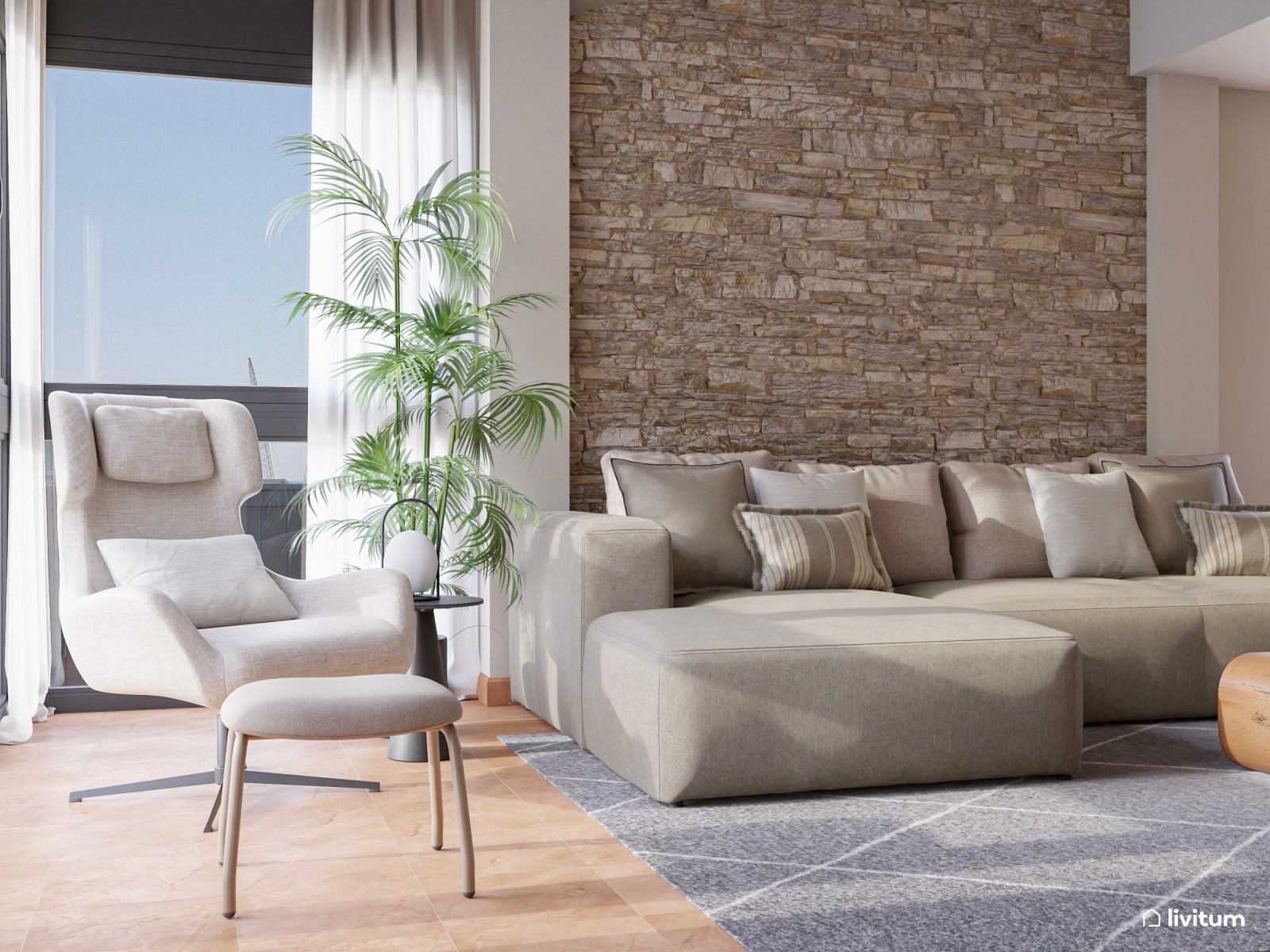 Salón moderno con muro de piedra, madera de acacia y detalles industriales