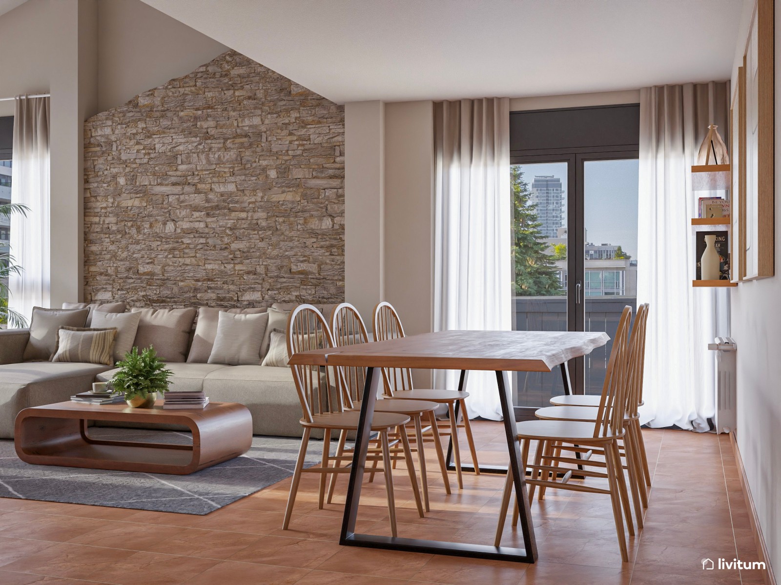Salón moderno con muro de piedra, madera de acacia y detalles industriales