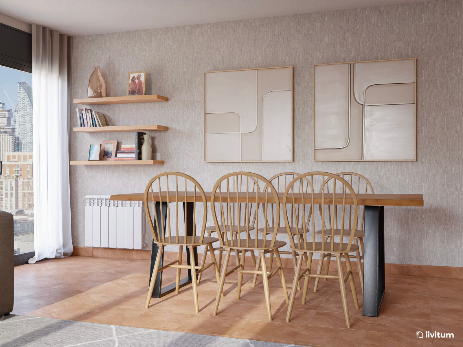 Salón moderno con muro de piedra, madera de acacia y detalles industriales