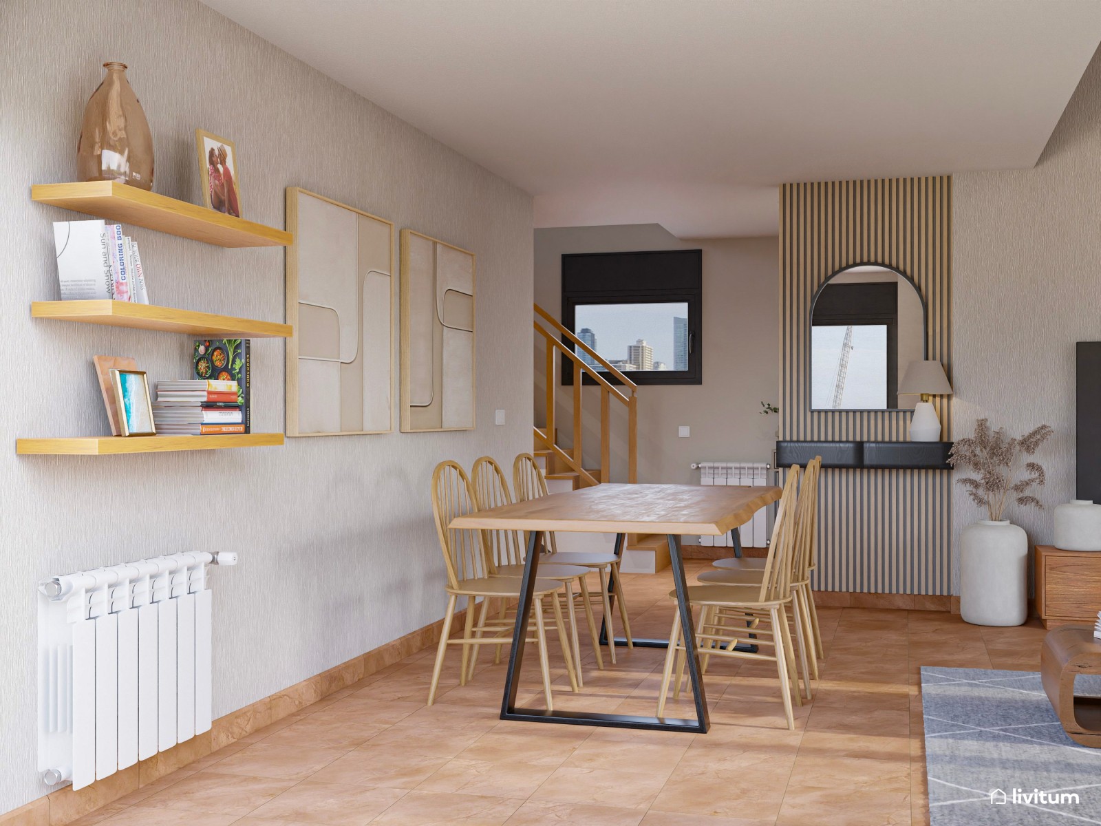 Salón moderno con muro de piedra, madera de acacia y detalles industriales