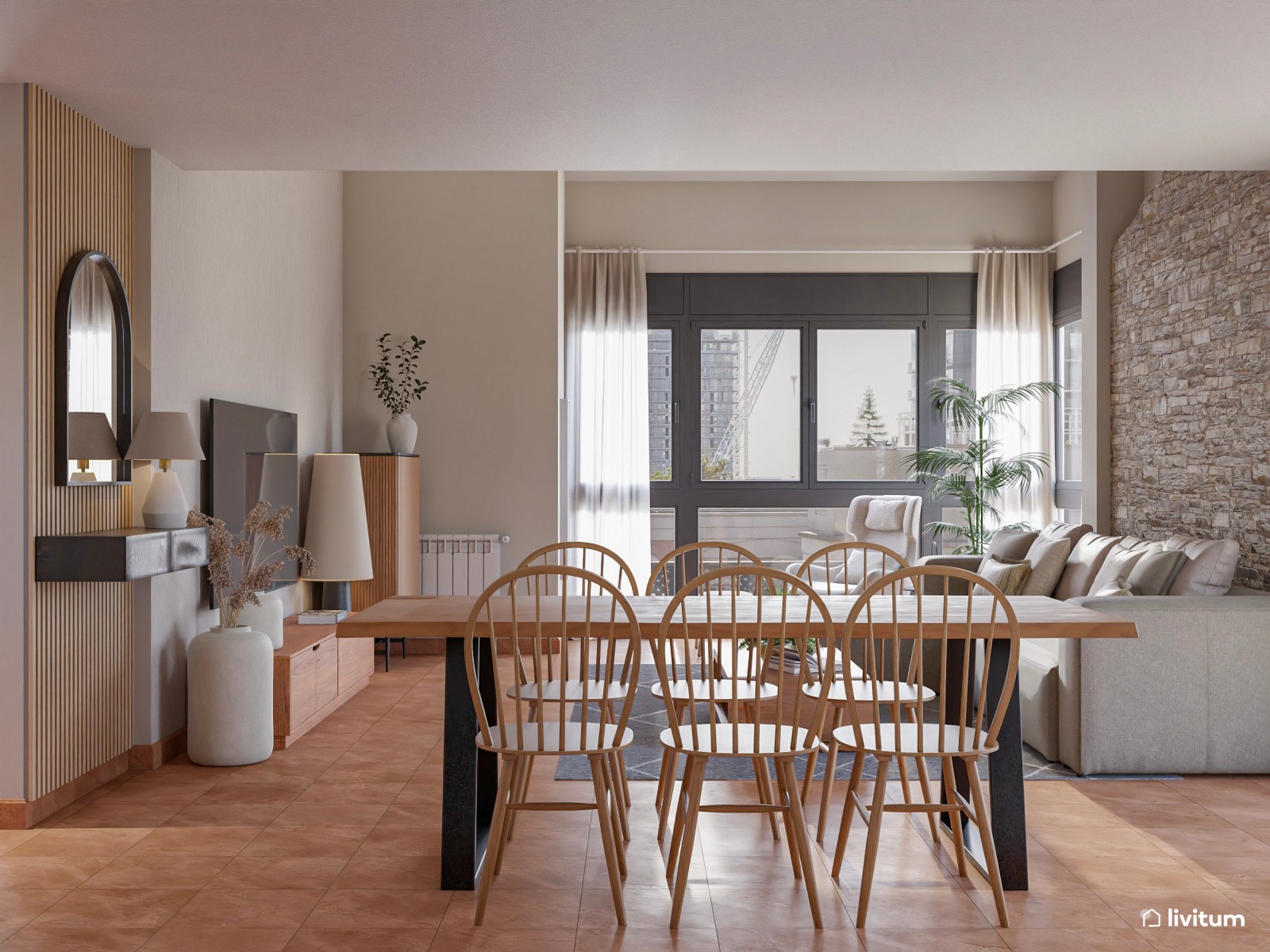 Salón moderno con muro de piedra, madera de acacia y detalles industriales