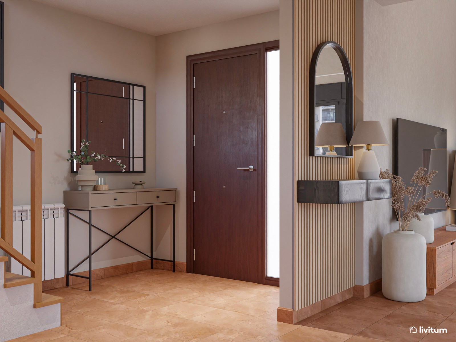 Salón moderno con muro de piedra, madera de acacia y detalles industriales