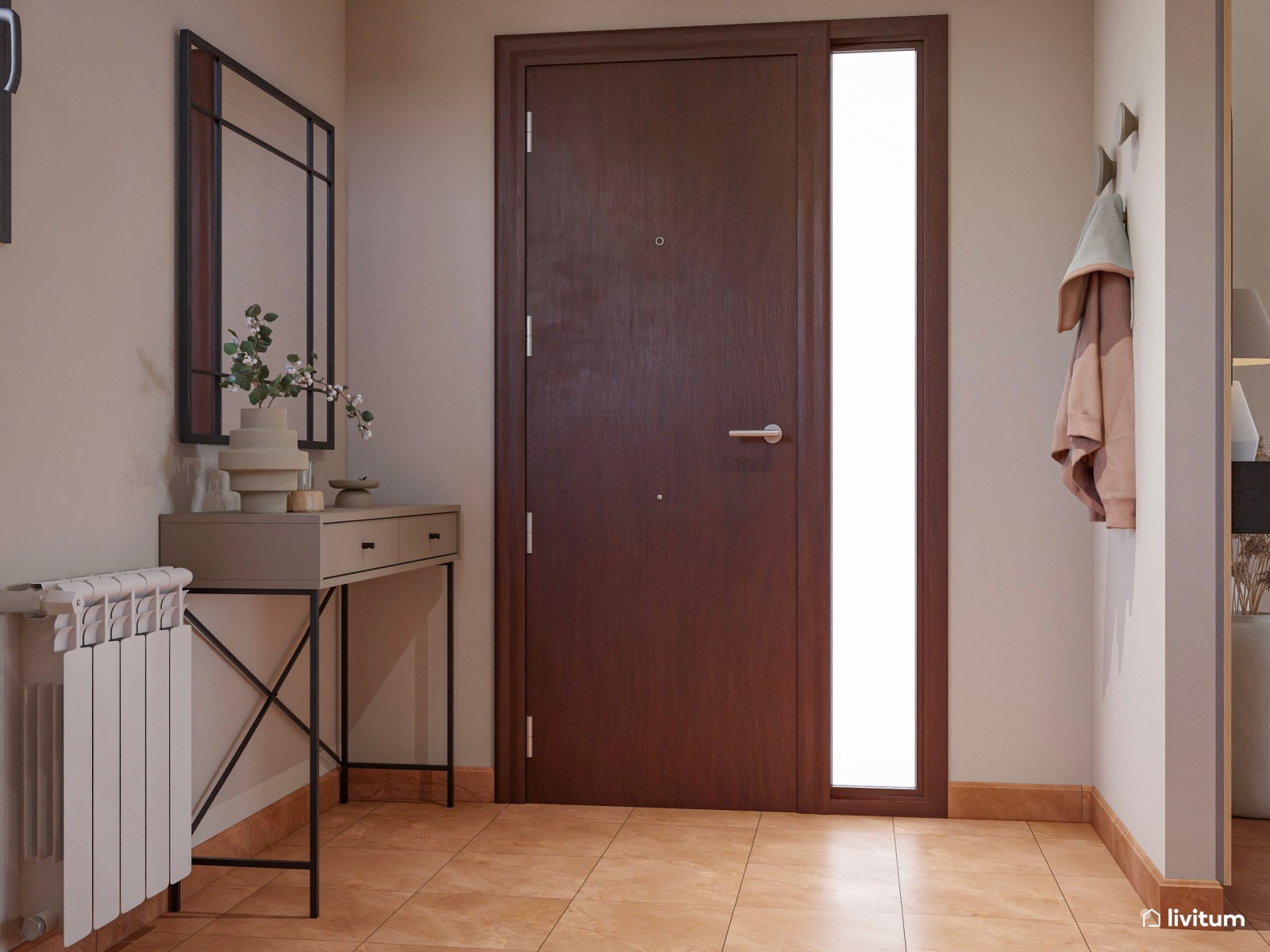 Salón moderno con muro de piedra, madera de acacia y detalles industriales