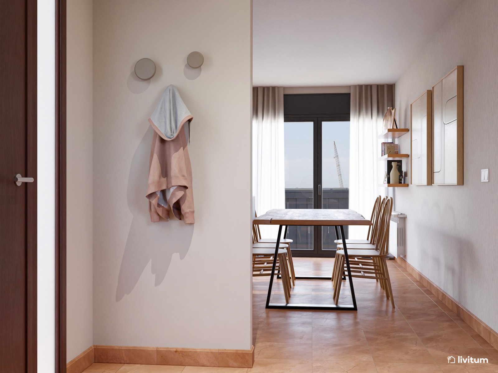 Salón moderno con muro de piedra, madera de acacia y detalles industriales
