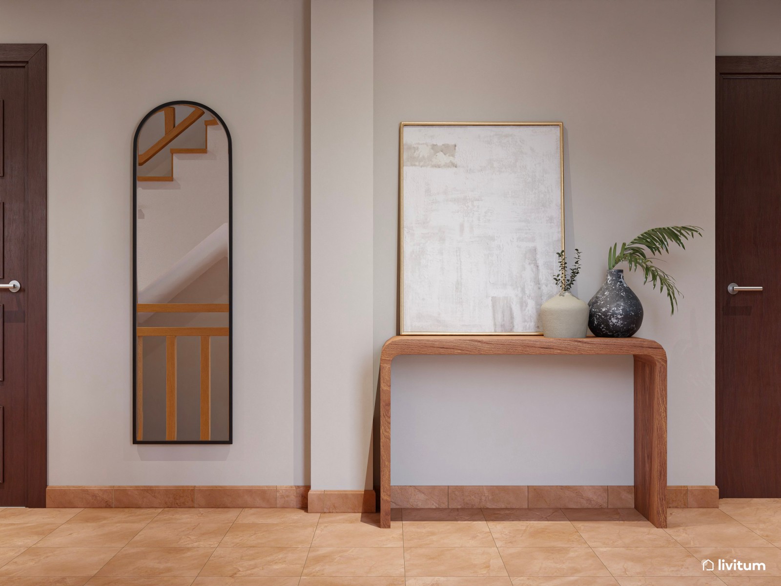 Salón moderno con muro de piedra, madera de acacia y detalles industriales