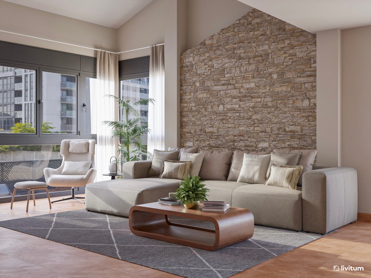 Salón moderno con muro de piedra, madera de acacia y detalles industriales