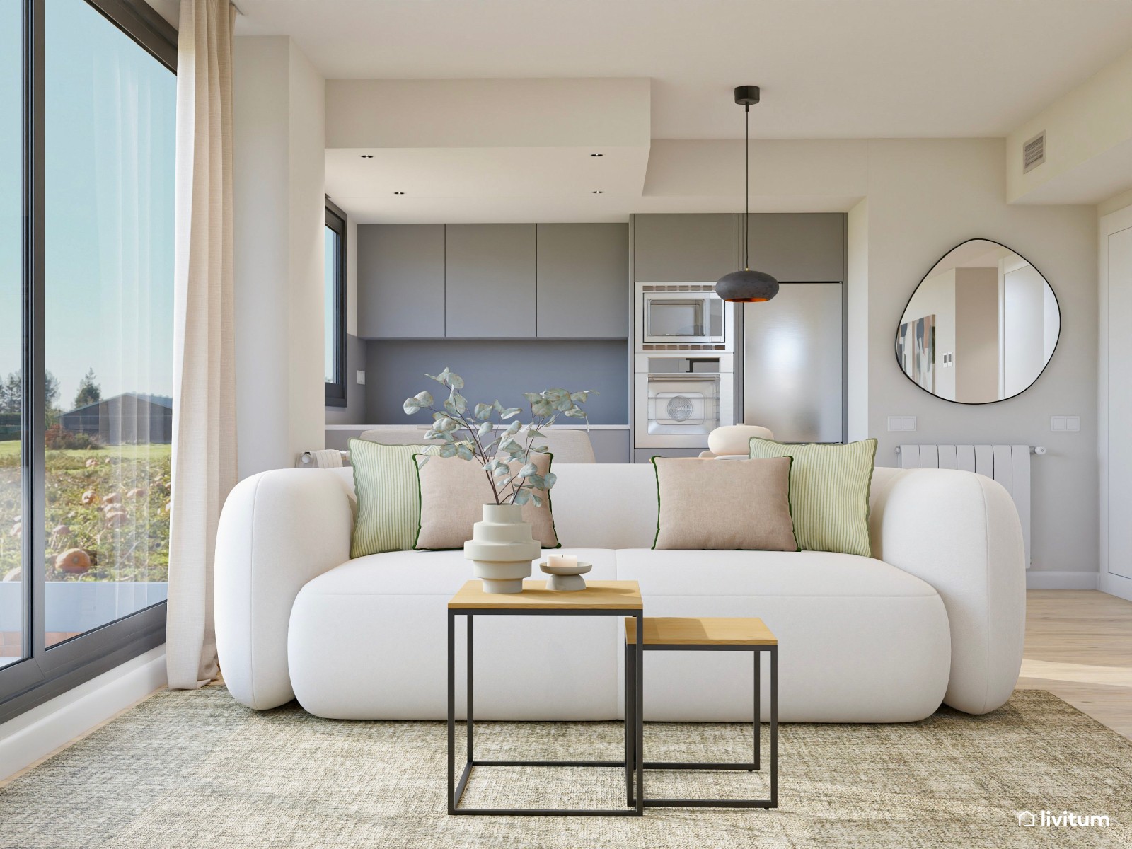 Salón moderno con sofá original de líneas curvas y butaca verde de diseño 