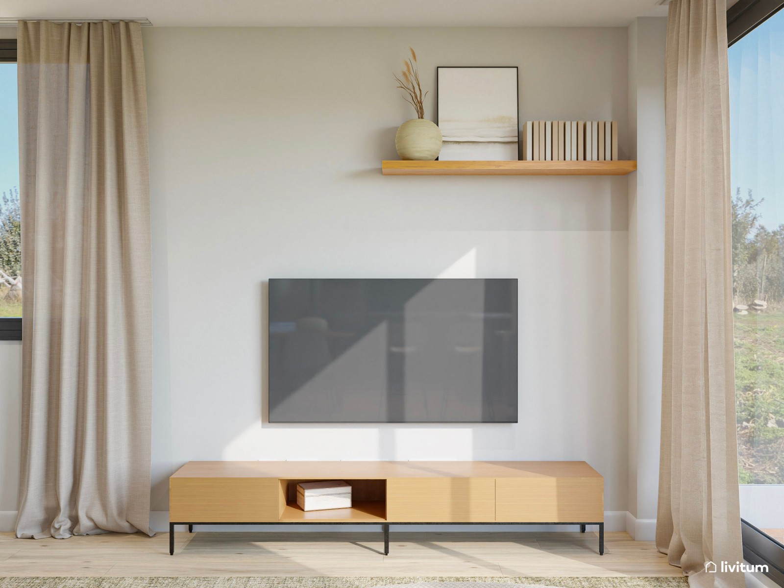 Salón moderno con sofá original de líneas curvas y butaca verde de diseño 