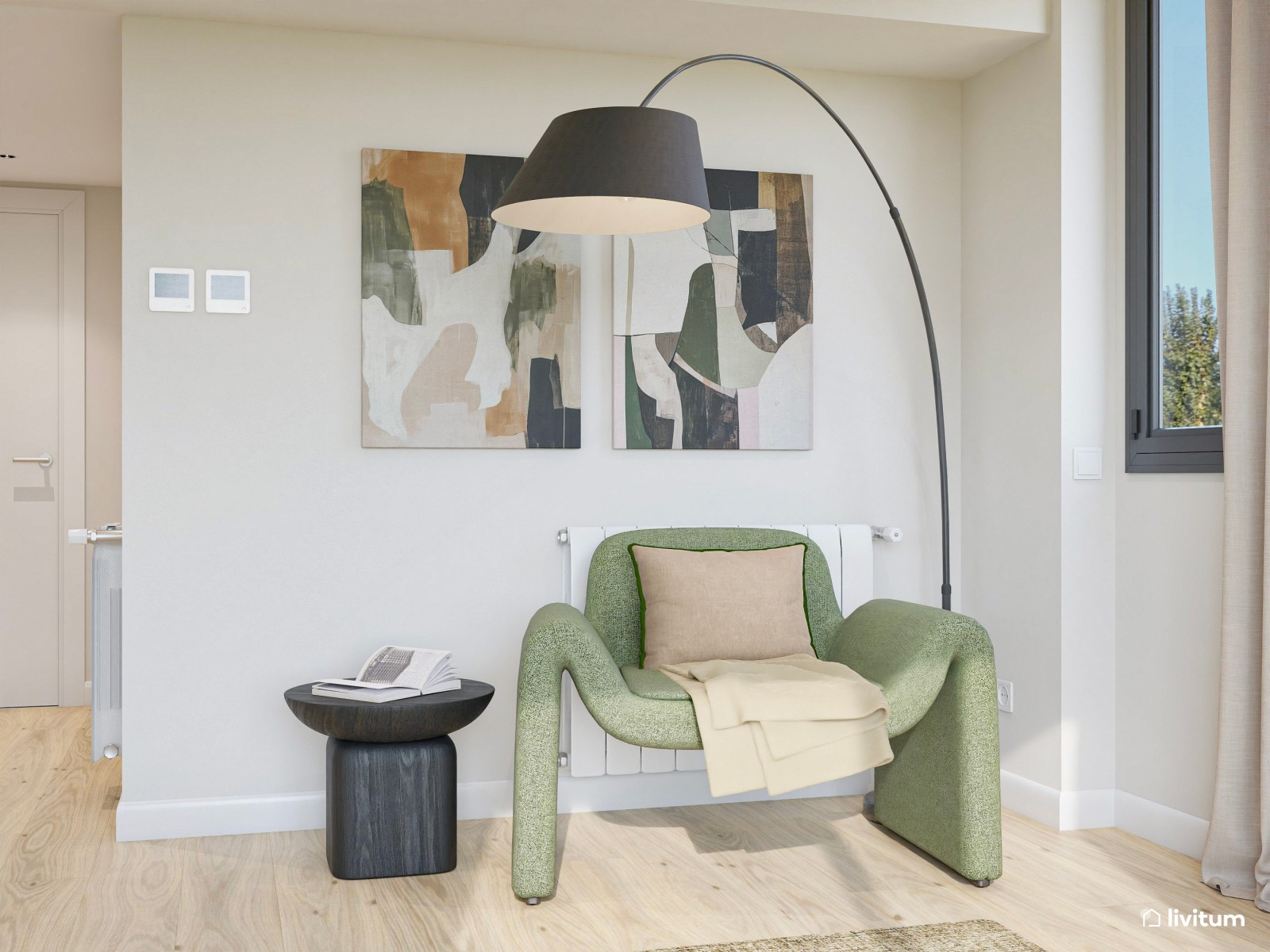 Salón moderno con sofá original de líneas curvas y butaca verde de diseño 