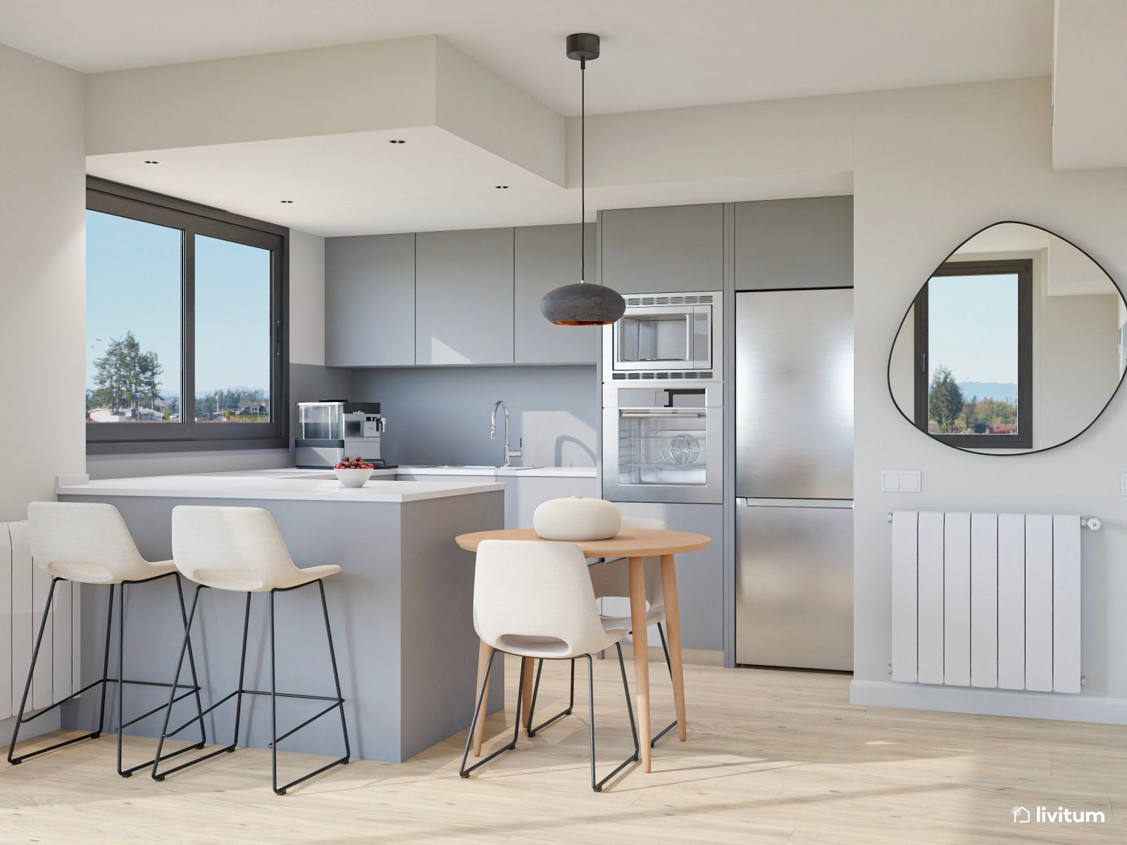 Salón moderno con sofá original de líneas curvas y butaca verde de diseño 