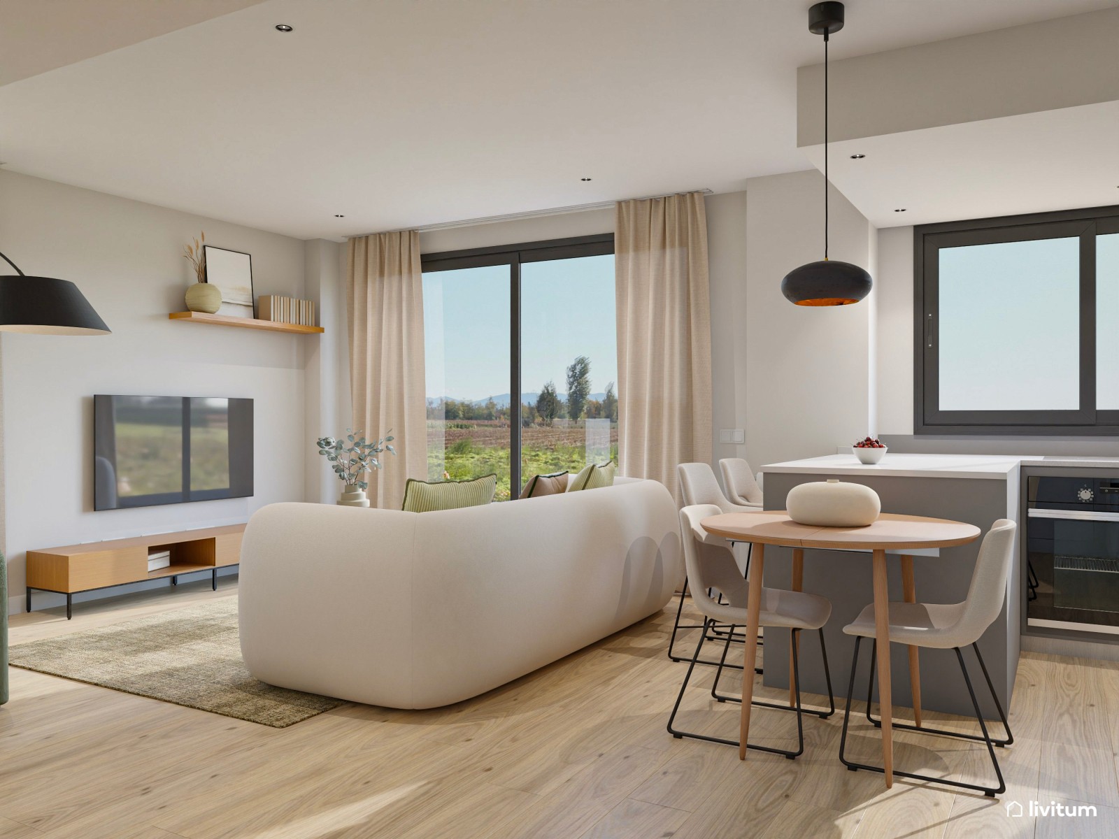 Salón moderno con sofá original de líneas curvas y butaca verde de diseño 