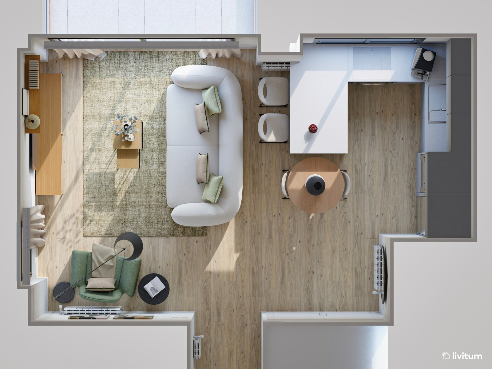 Salón moderno con sofá original de líneas curvas y butaca verde de diseño 