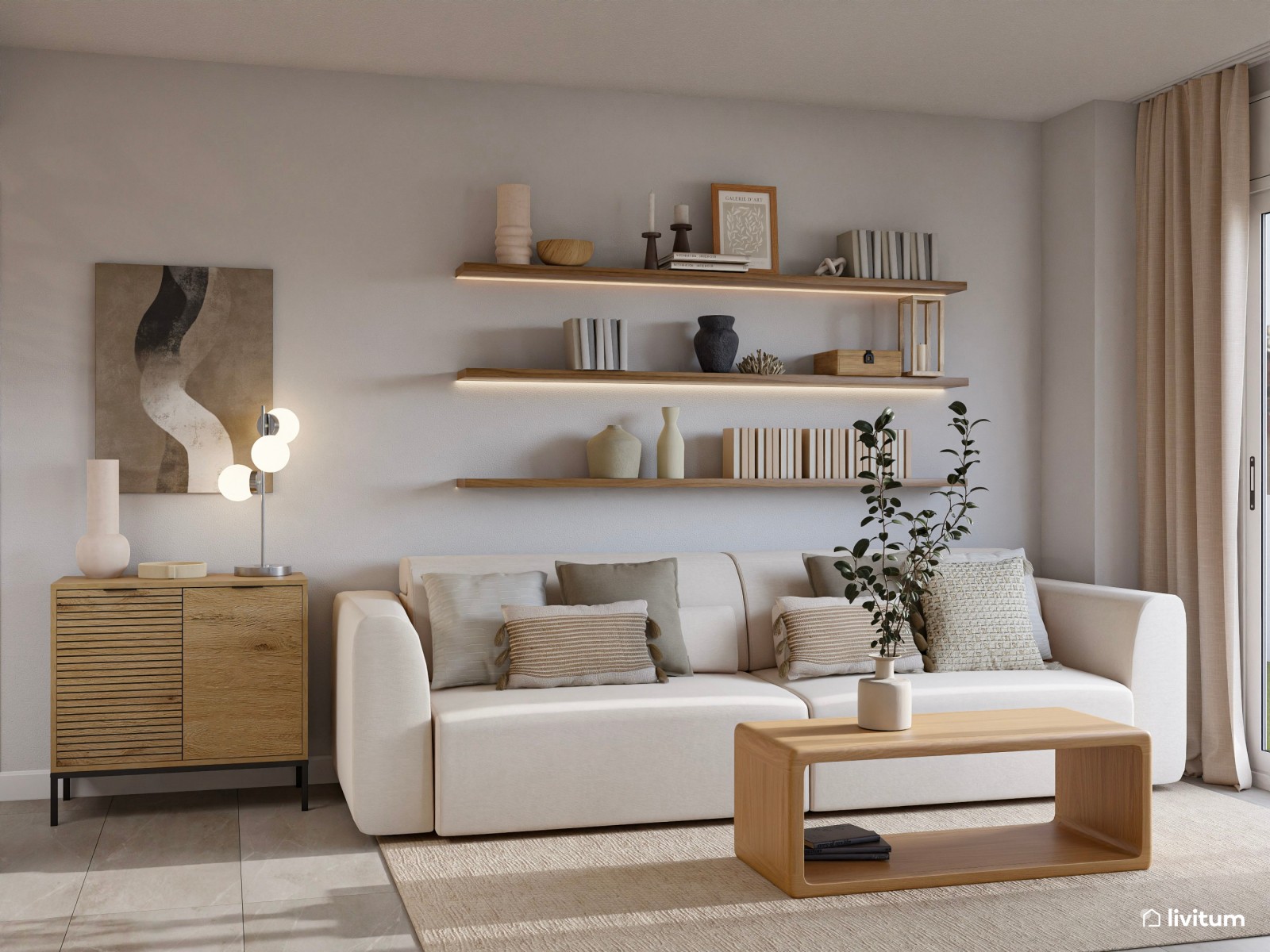 Salón moderno con texturas gustosas, cocina semiabierta y recibidor funcional 