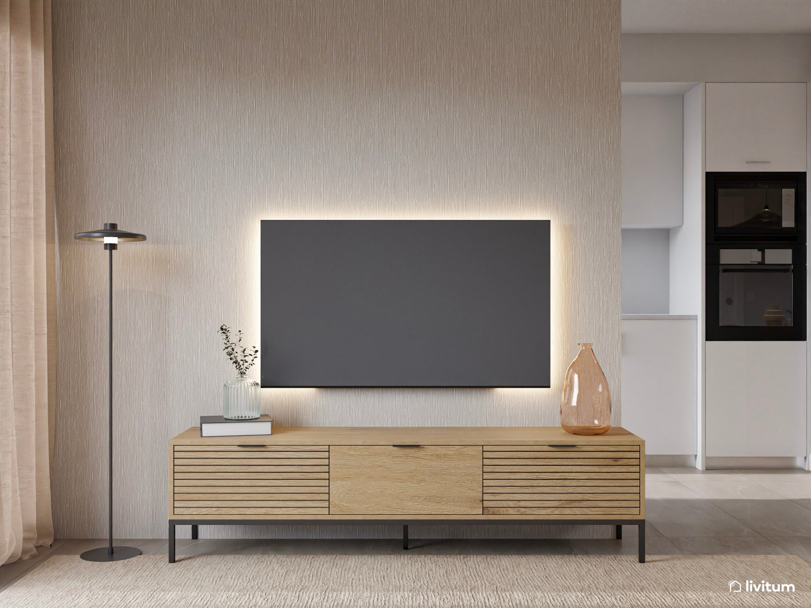Salón moderno con texturas gustosas, cocina semiabierta y recibidor funcional 