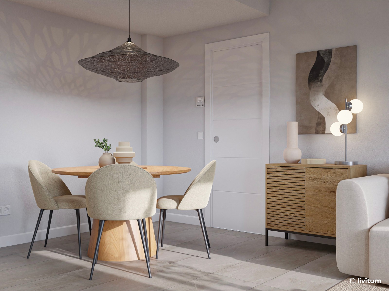 Salón moderno con texturas gustosas, cocina semiabierta y recibidor funcional 
