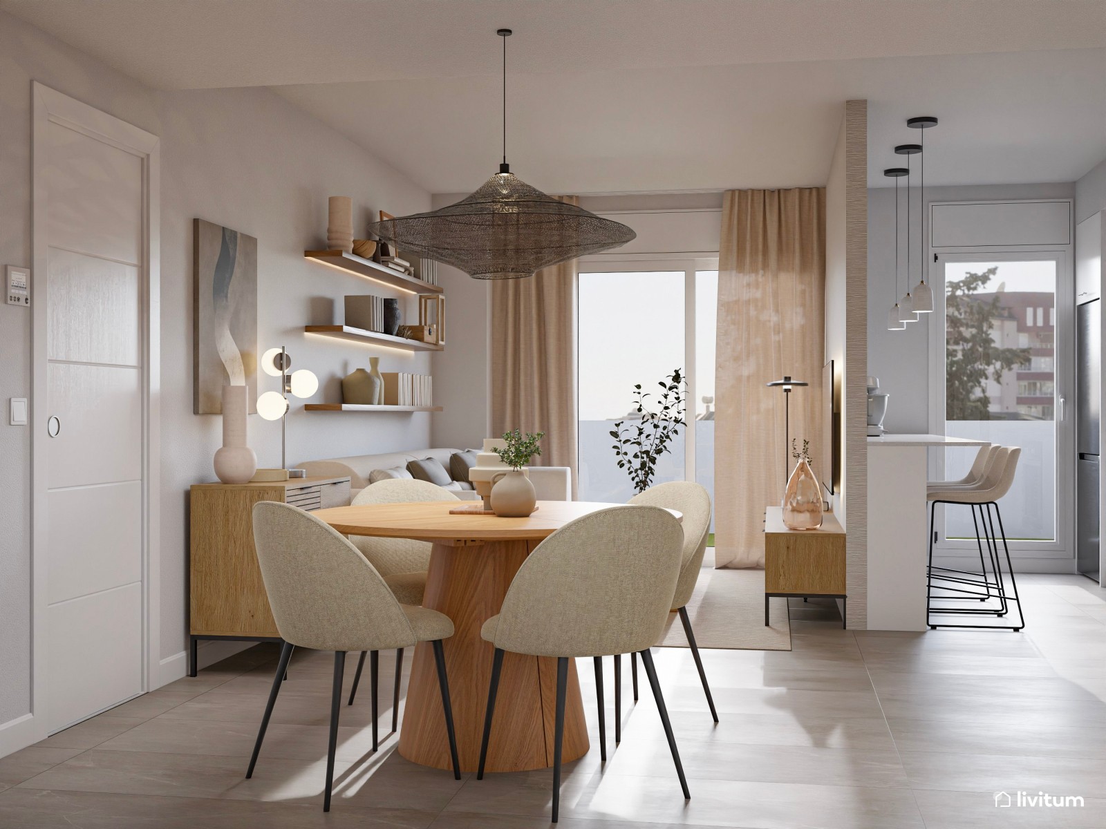 Salón moderno con texturas gustosas, cocina semiabierta y recibidor funcional 