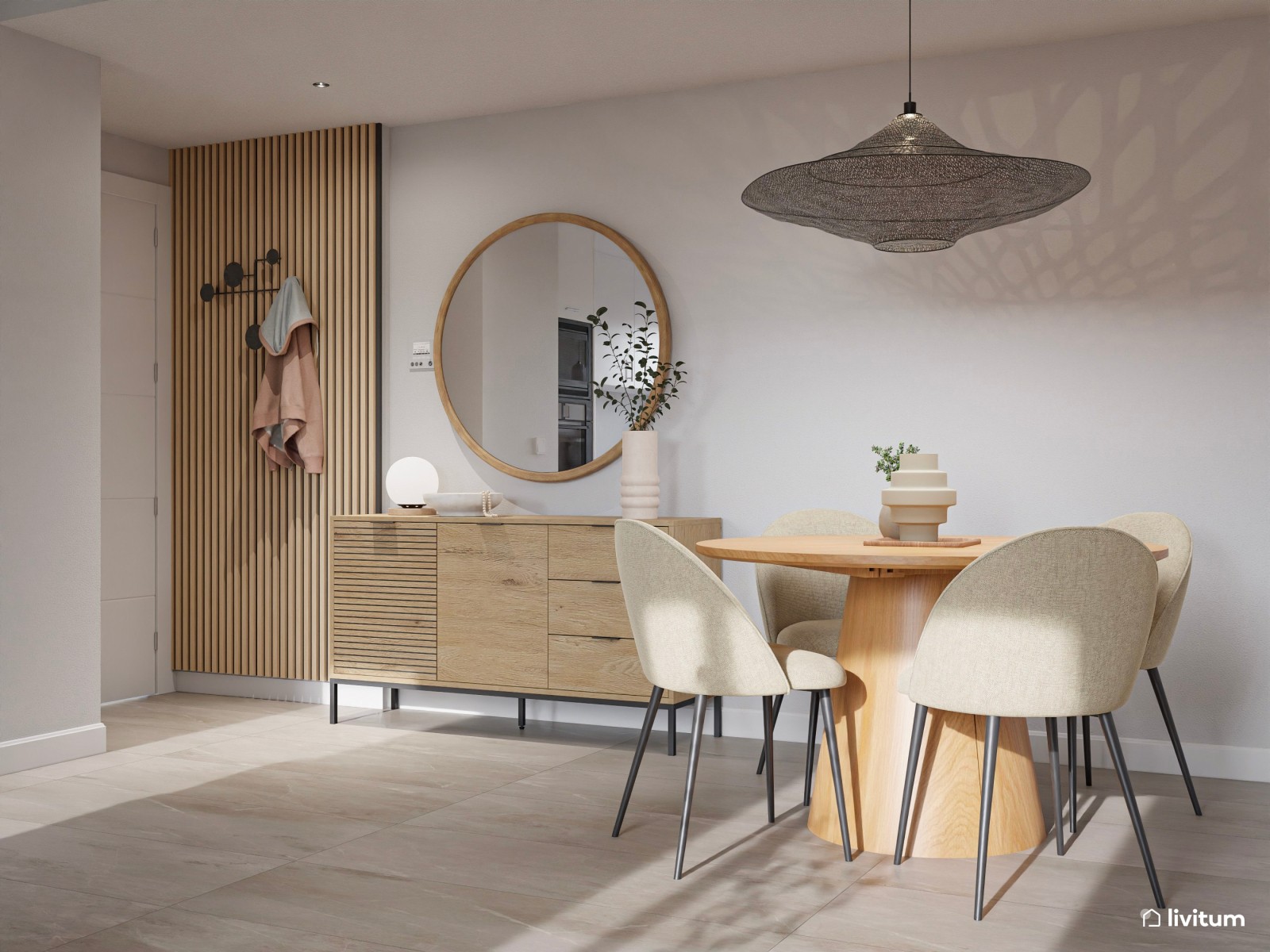 Salón moderno con texturas gustosas, cocina semiabierta y recibidor funcional 