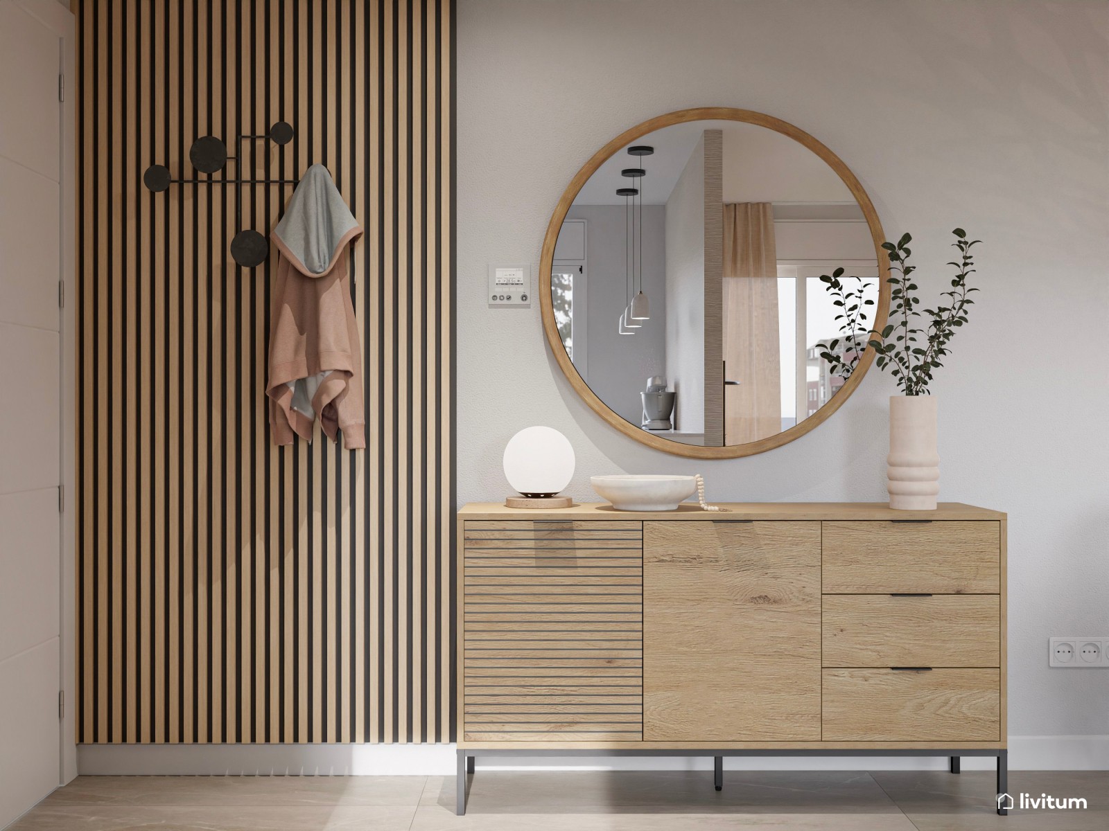 Salón moderno con texturas gustosas, cocina semiabierta y recibidor funcional 