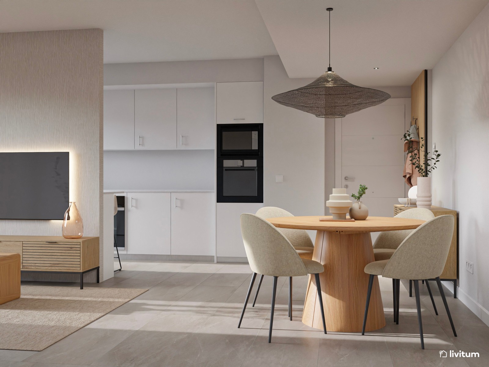 Salón moderno con texturas gustosas, cocina semiabierta y recibidor funcional 