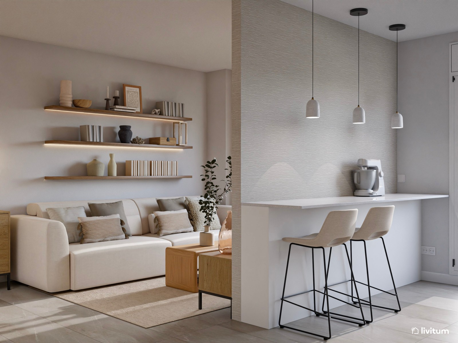 Salón moderno con texturas gustosas, cocina semiabierta y recibidor funcional 