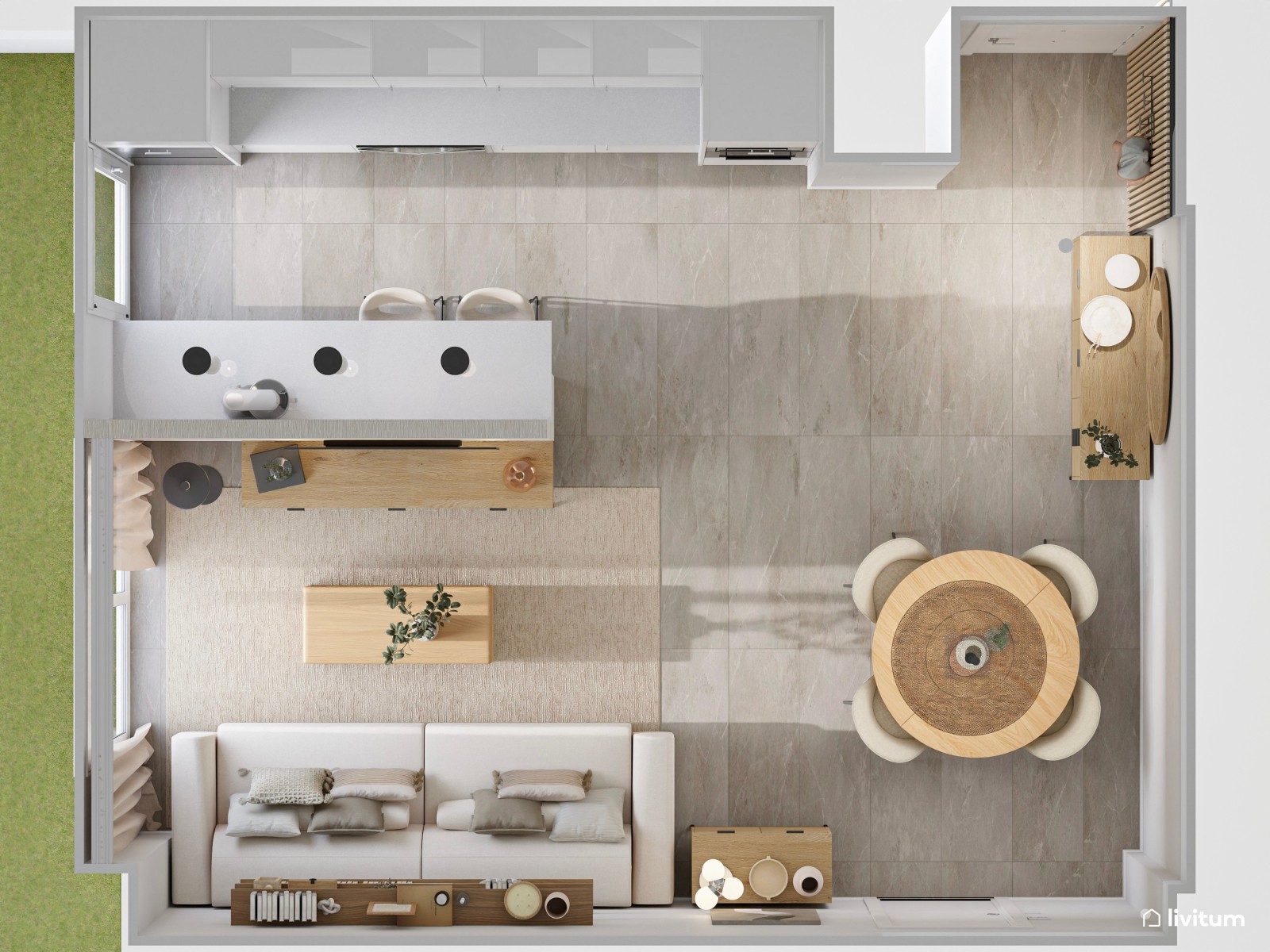 Salón moderno con texturas gustosas, cocina semiabierta y recibidor funcional 