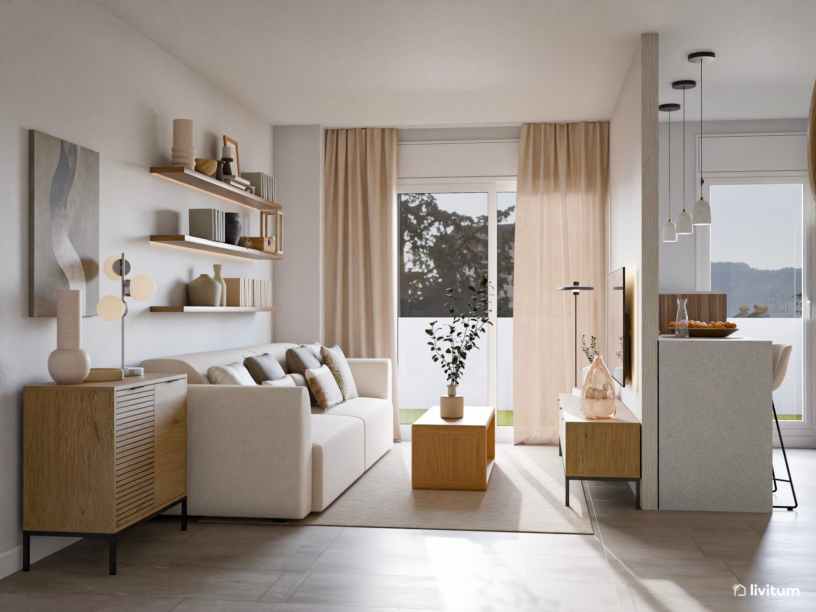 Salón moderno con texturas gustosas, cocina semiabierta y recibidor funcional 