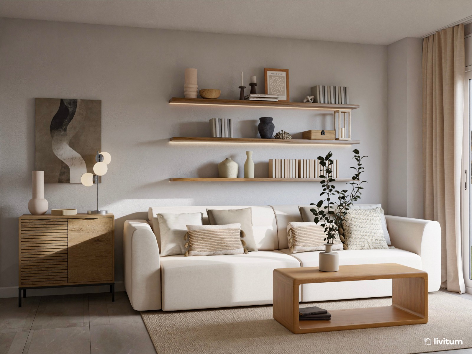 Salón moderno con texturas gustosas, cocina semiabierta y recibidor funcional 