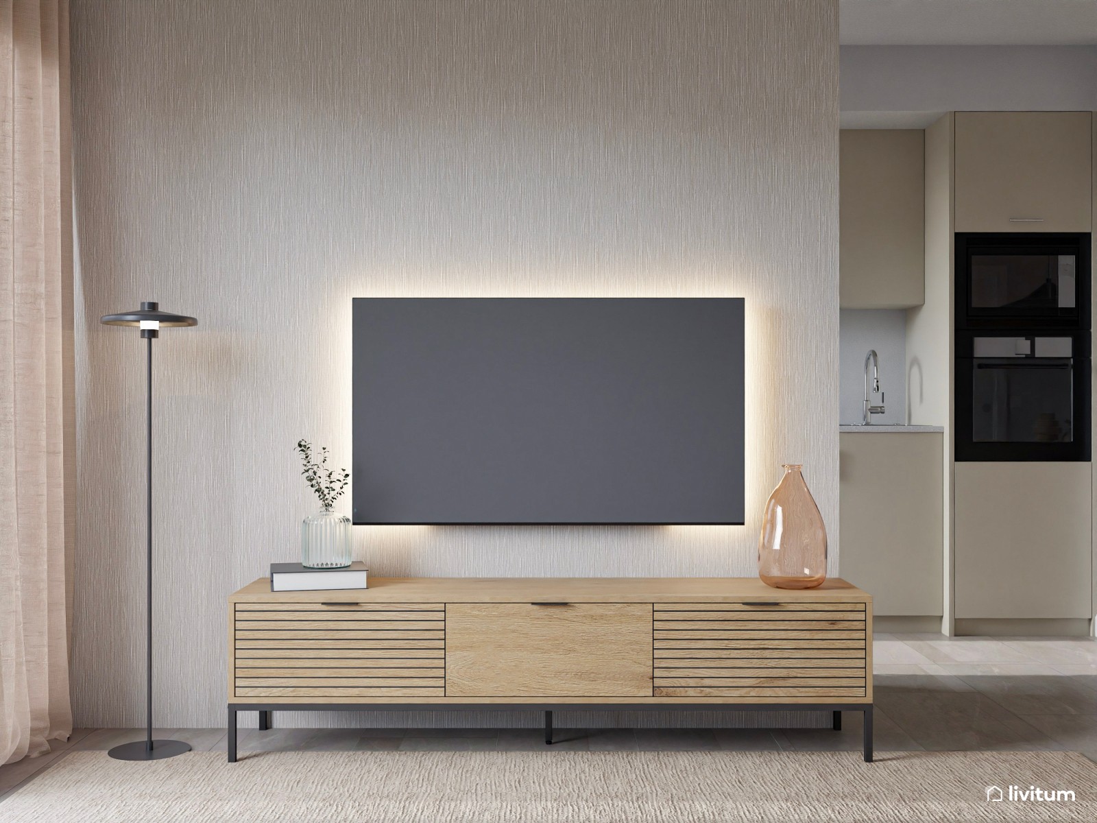 Salón moderno con texturas gustosas, cocina semiabierta y recibidor funcional 