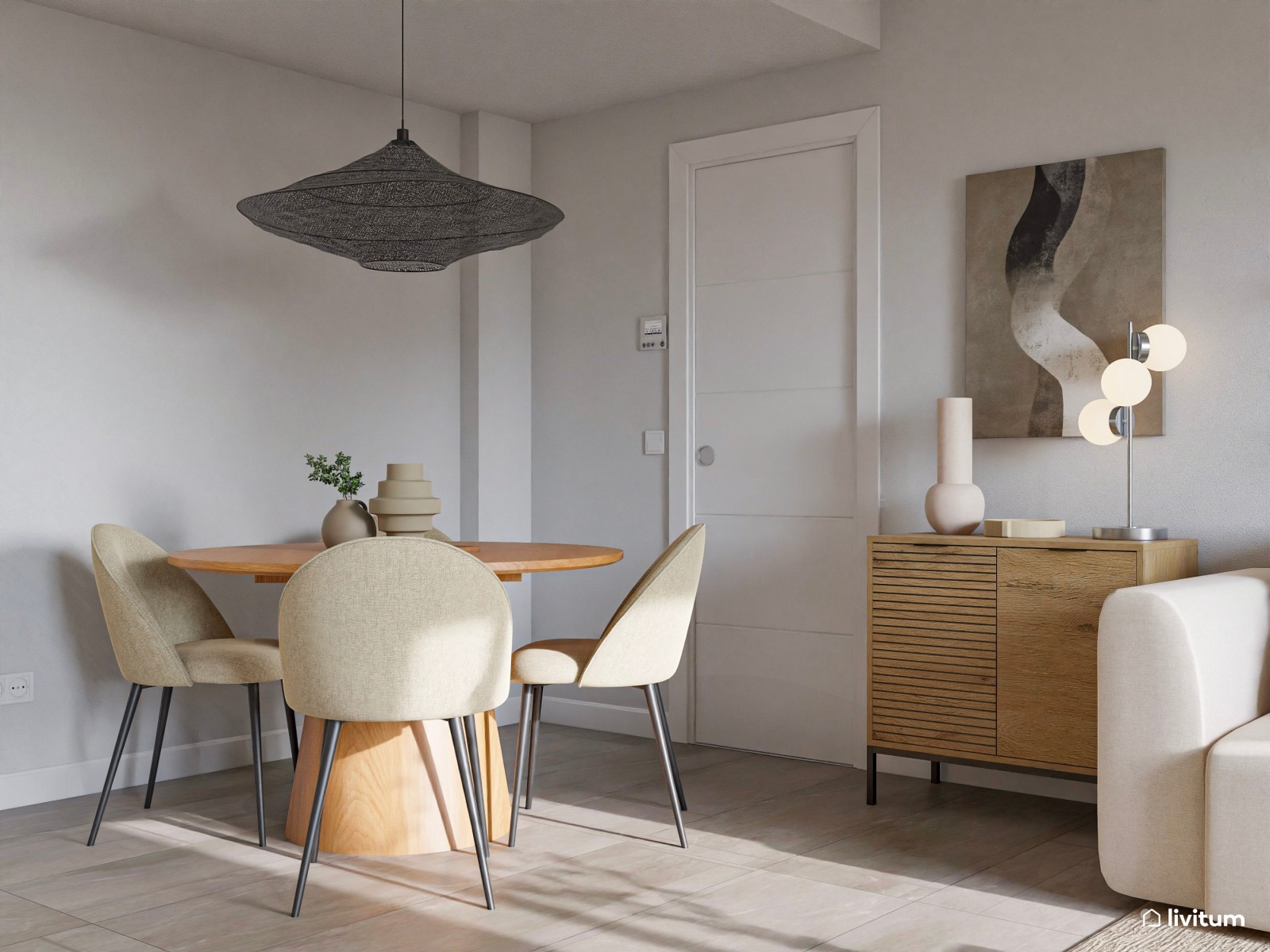 Salón moderno con texturas gustosas, cocina semiabierta y recibidor funcional 