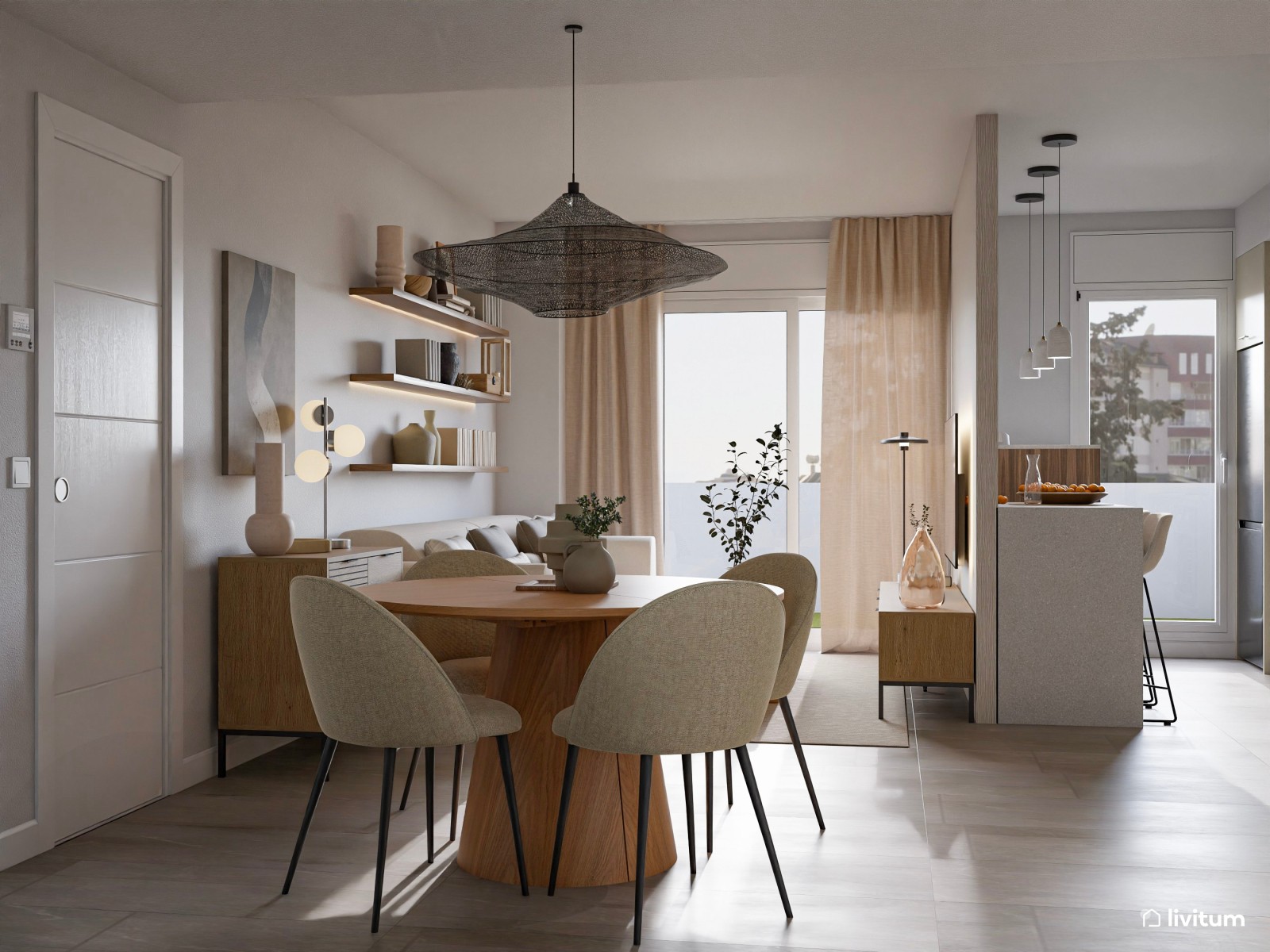 Salón moderno con texturas gustosas, cocina semiabierta y recibidor funcional 