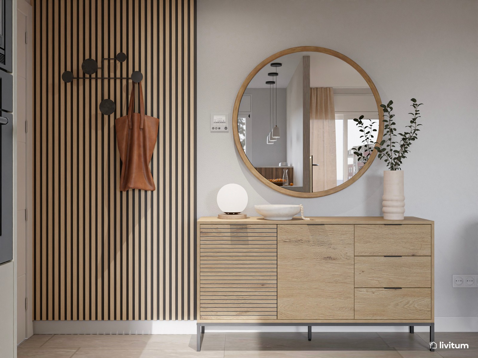 Salón moderno con texturas gustosas, cocina semiabierta y recibidor funcional 