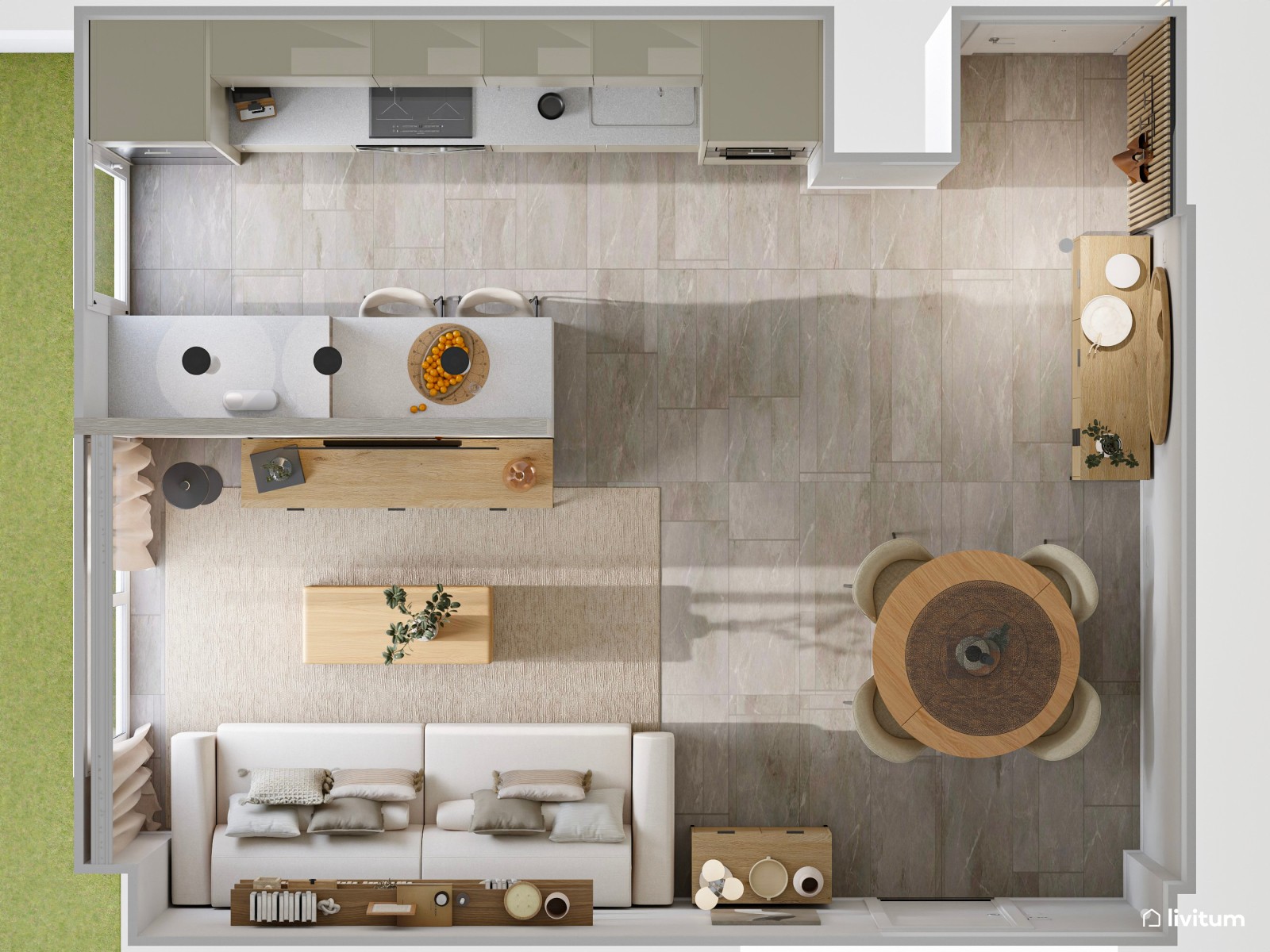 Salón moderno con texturas gustosas, cocina semiabierta y recibidor funcional 