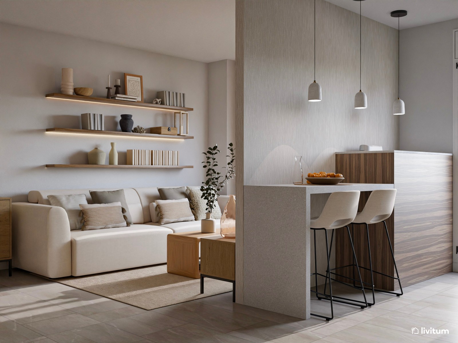 Salón moderno con texturas gustosas, cocina semiabierta y recibidor funcional 