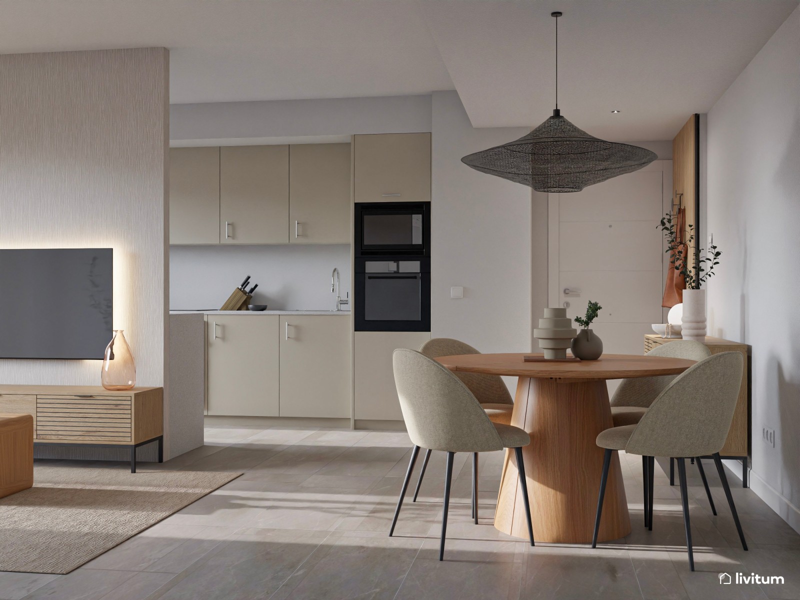 Salón moderno con texturas gustosas, cocina semiabierta y recibidor funcional 