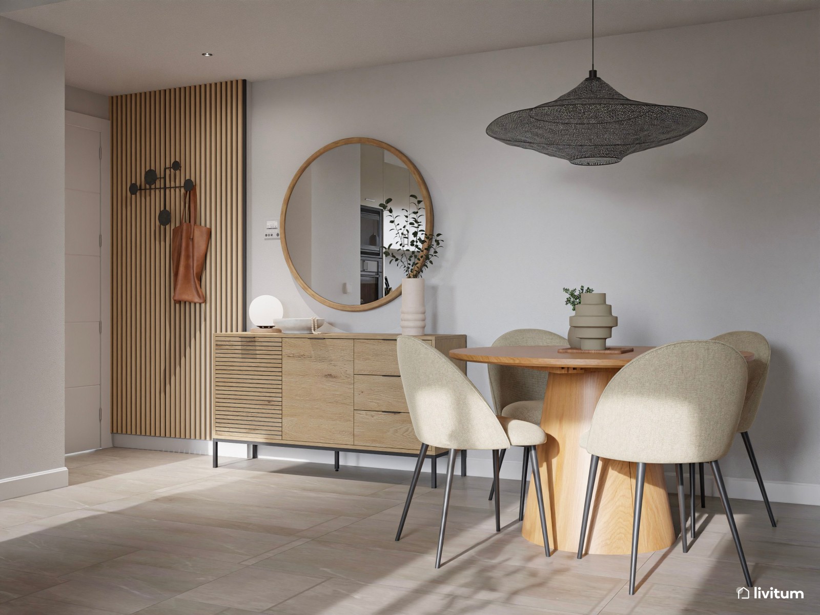 Salón moderno con texturas gustosas, cocina semiabierta y recibidor funcional 
