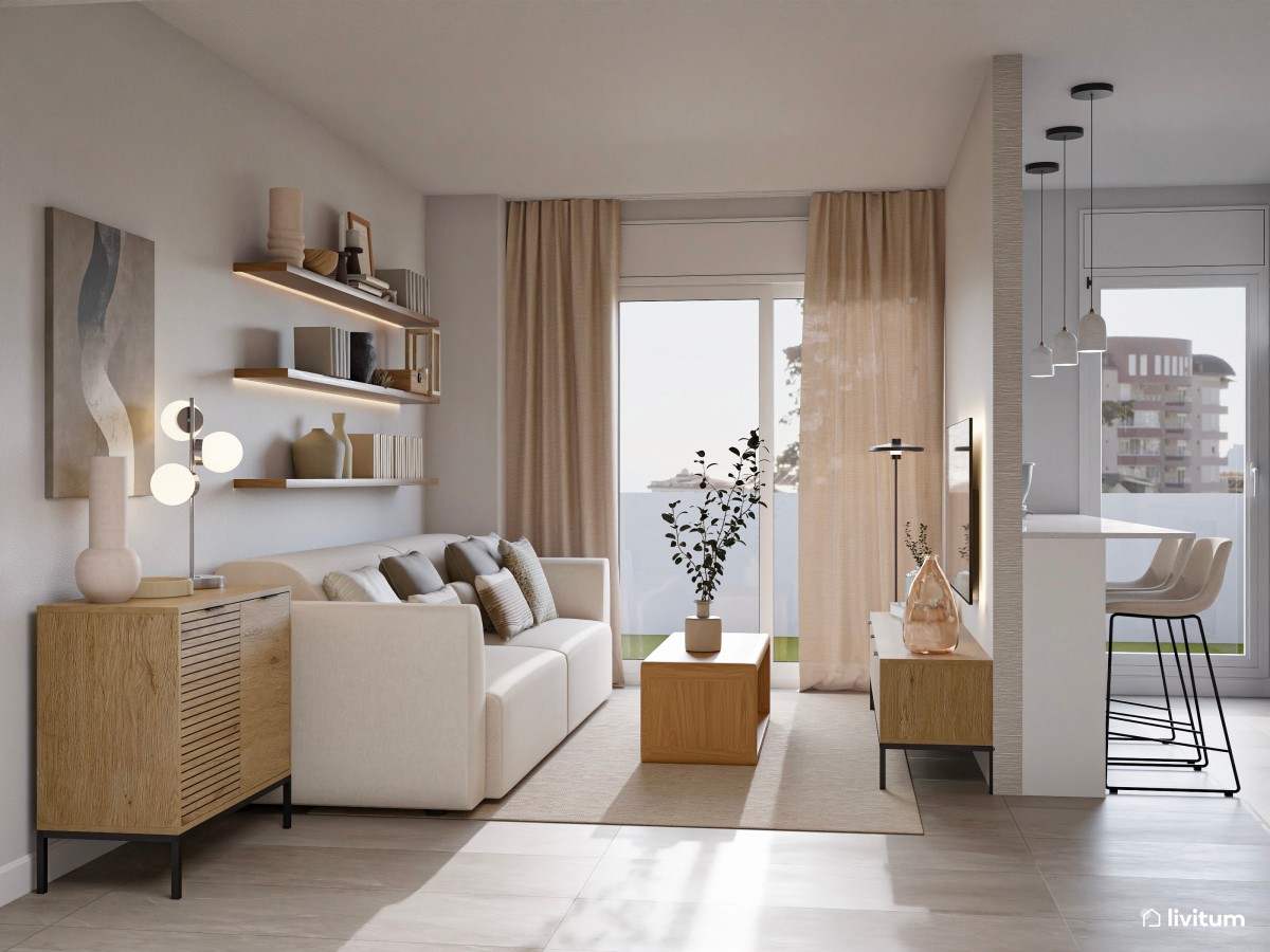 Salón moderno con texturas gustosas, cocina semiabierta y recibidor funcional