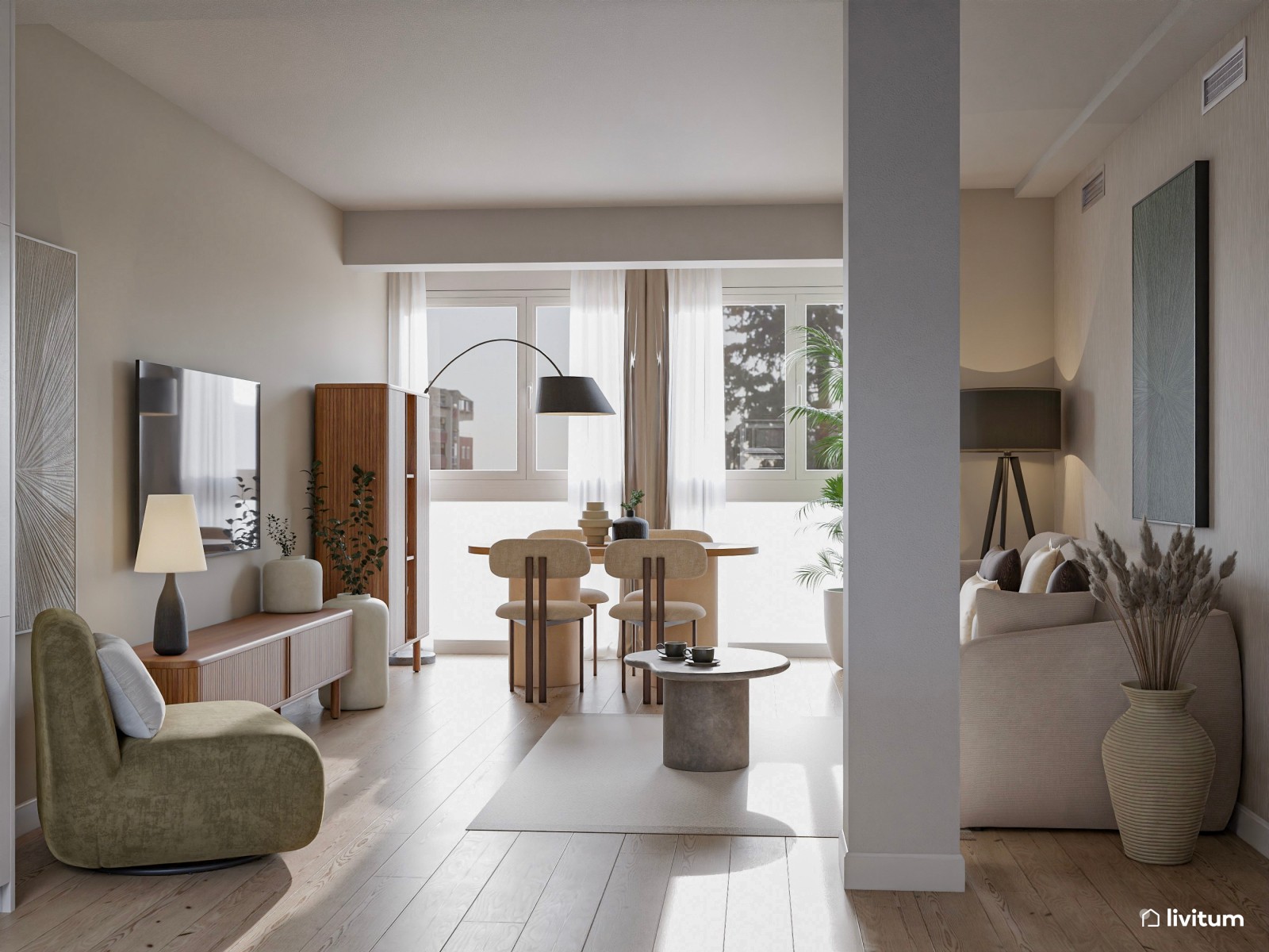 Salón moderno con toques bohemios en madera oscura, textiles claros y acentos grises