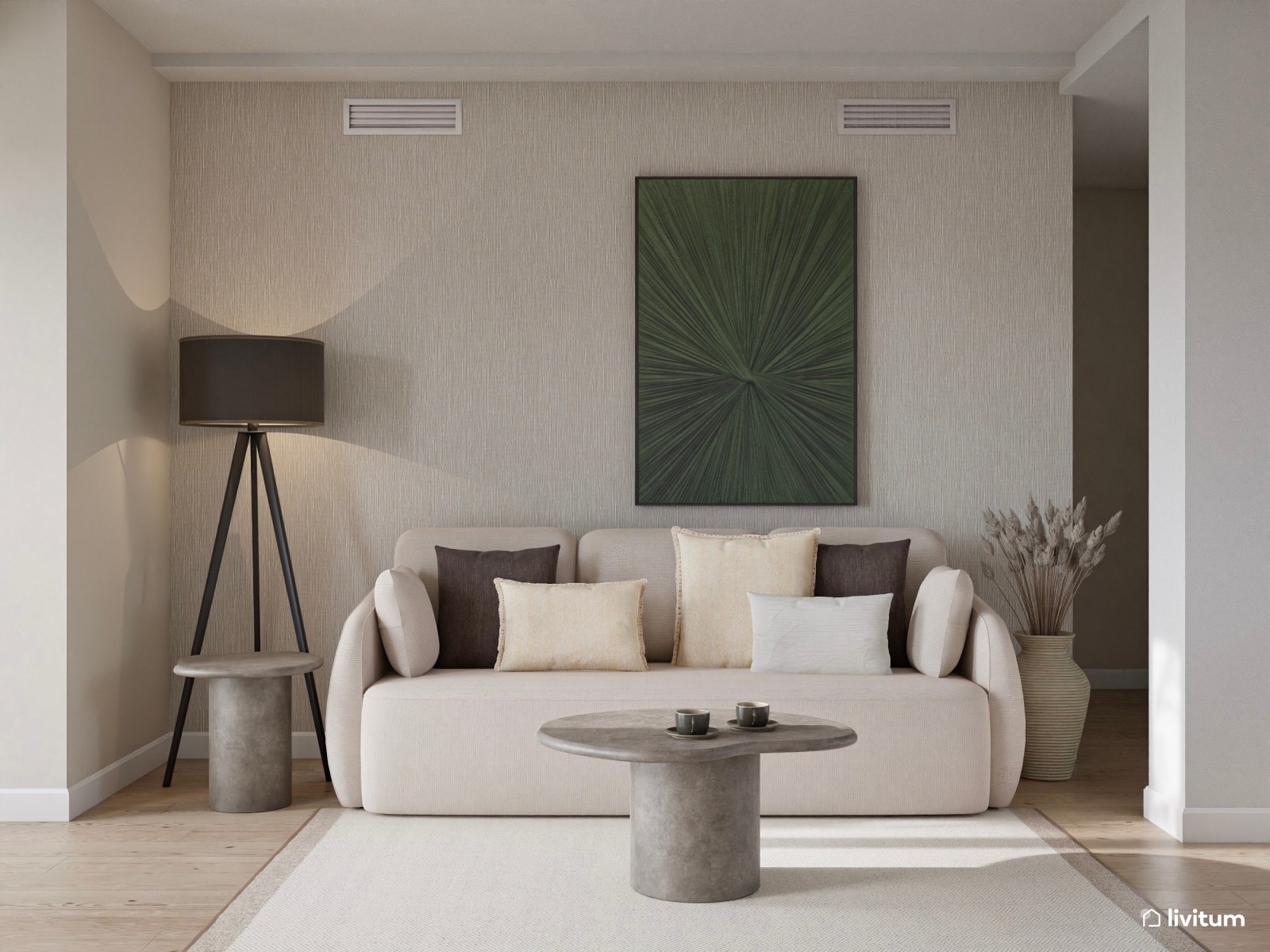 Salón moderno con toques bohemios en madera oscura, textiles claros y acentos grises