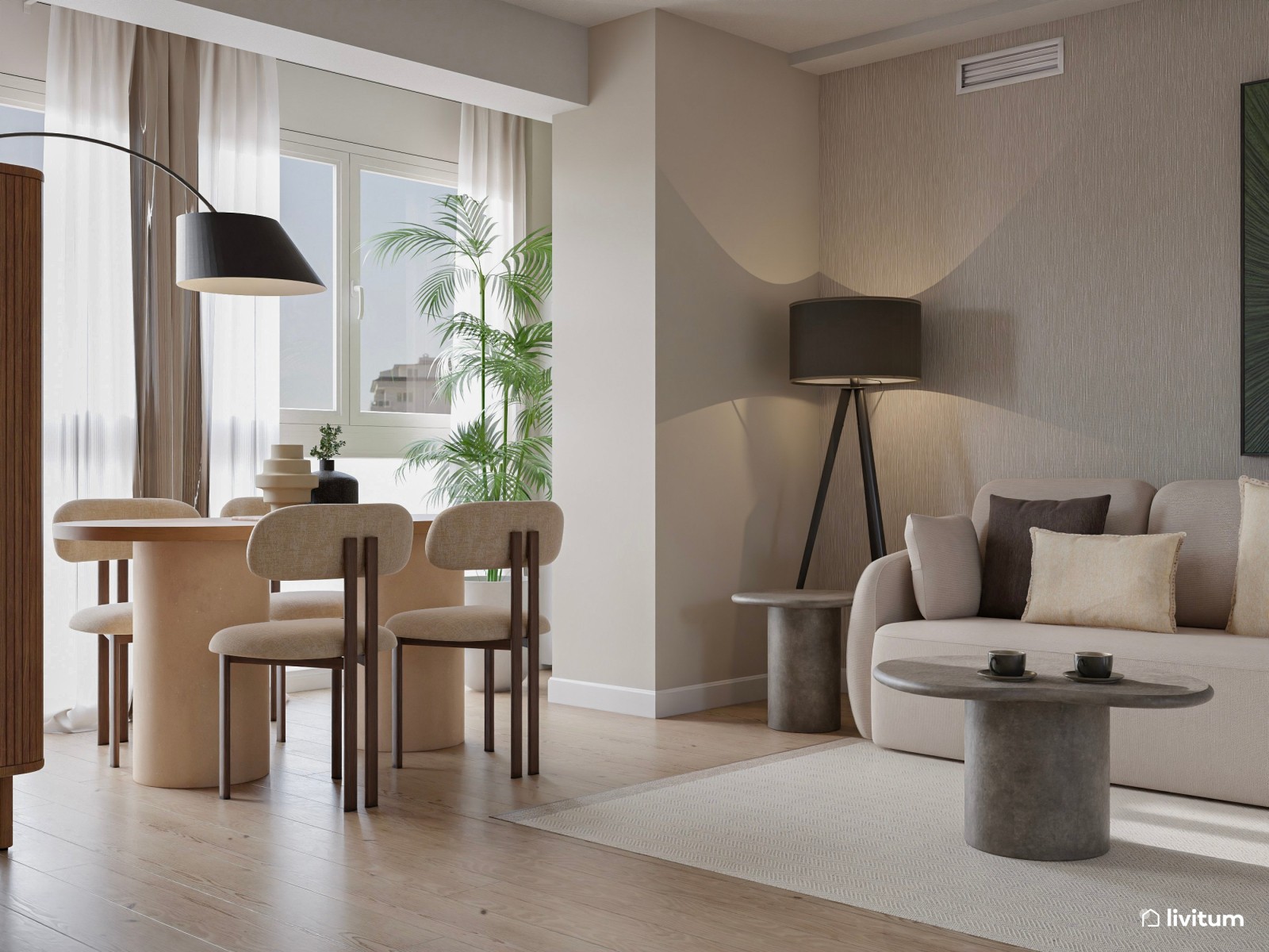 Salón moderno con toques bohemios en madera oscura, textiles claros y acentos grises