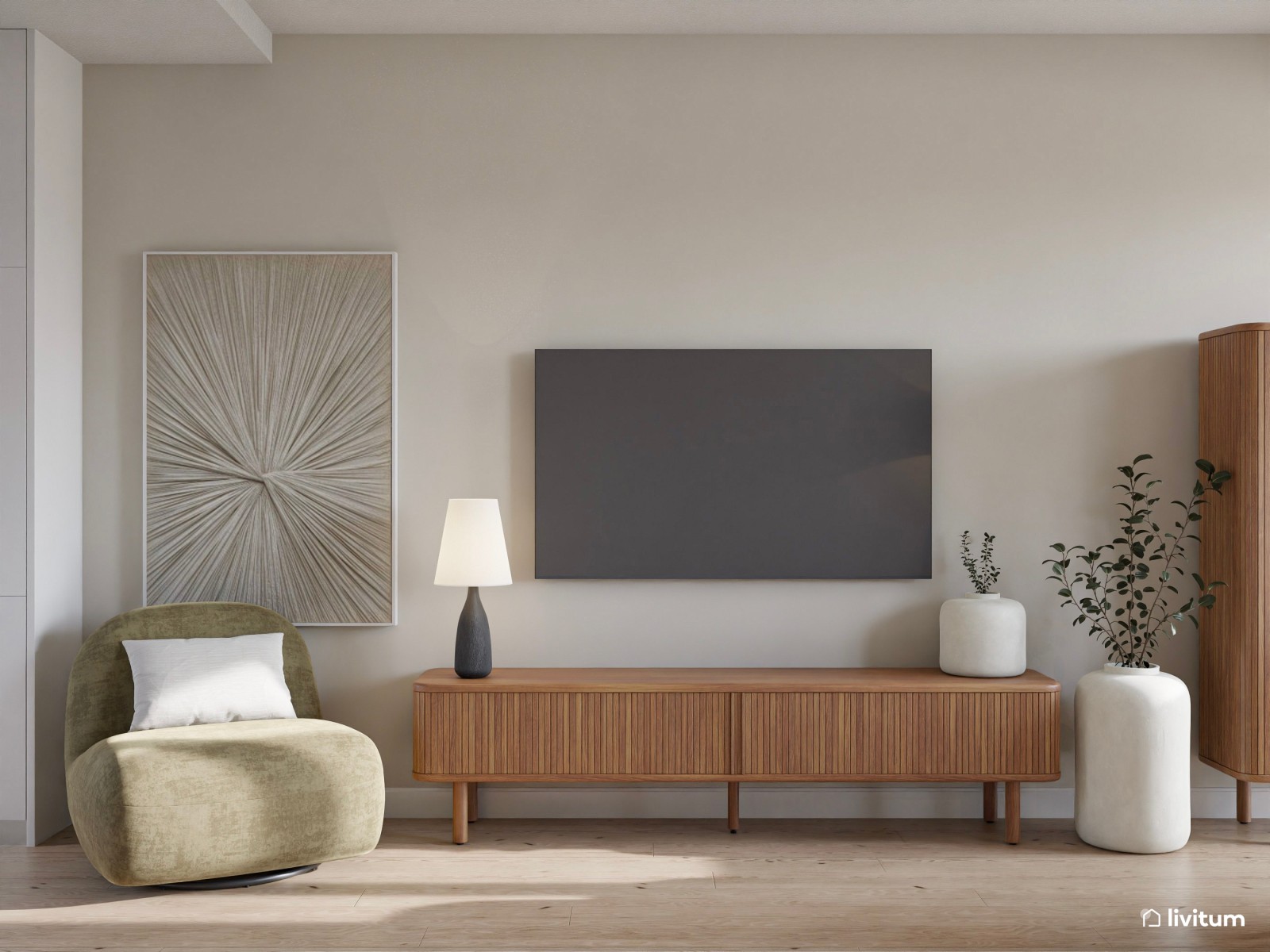 Salón moderno con toques bohemios en madera oscura, textiles claros y acentos grises