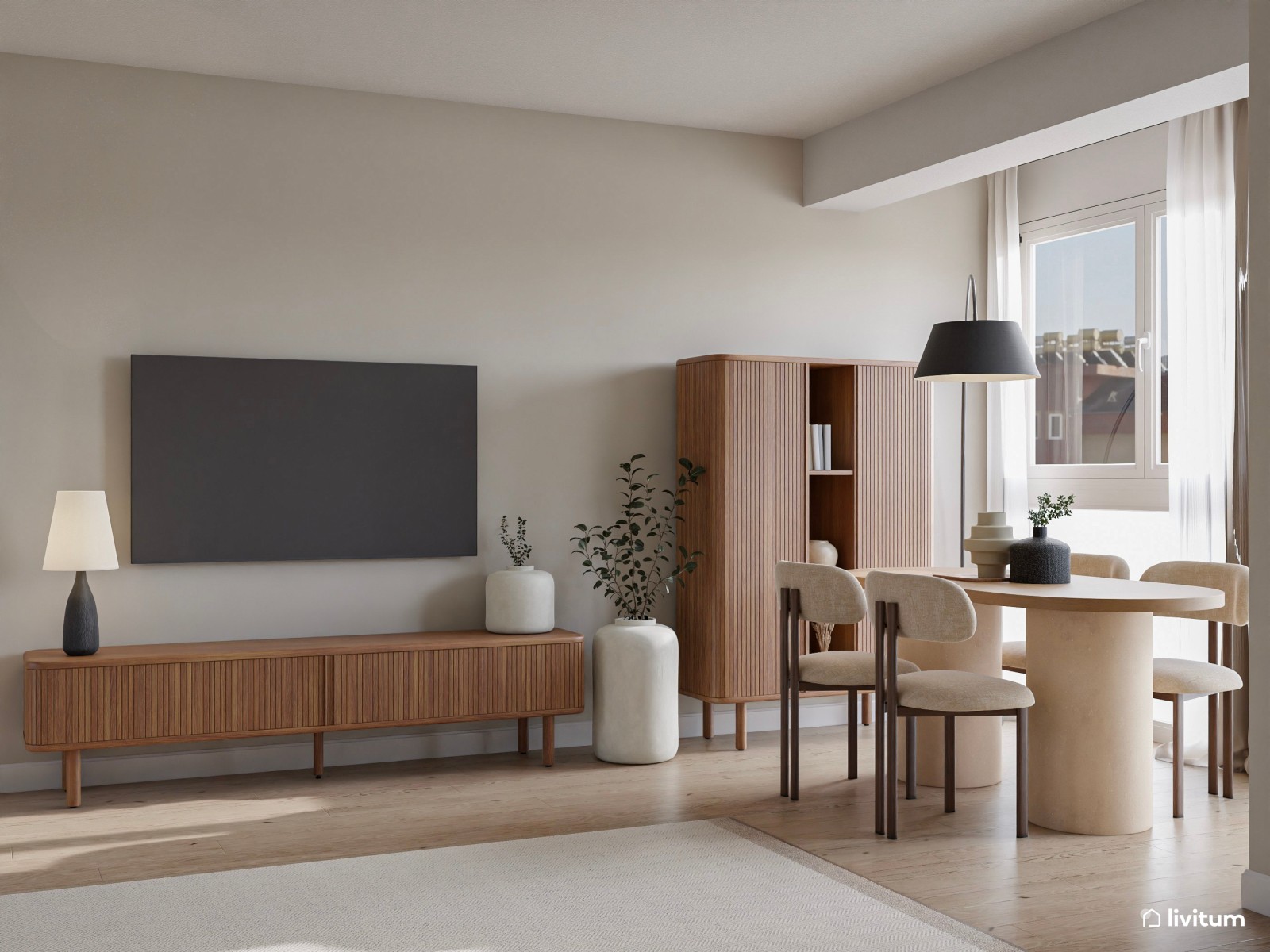 Salón moderno con toques bohemios en madera oscura, textiles claros y acentos grises