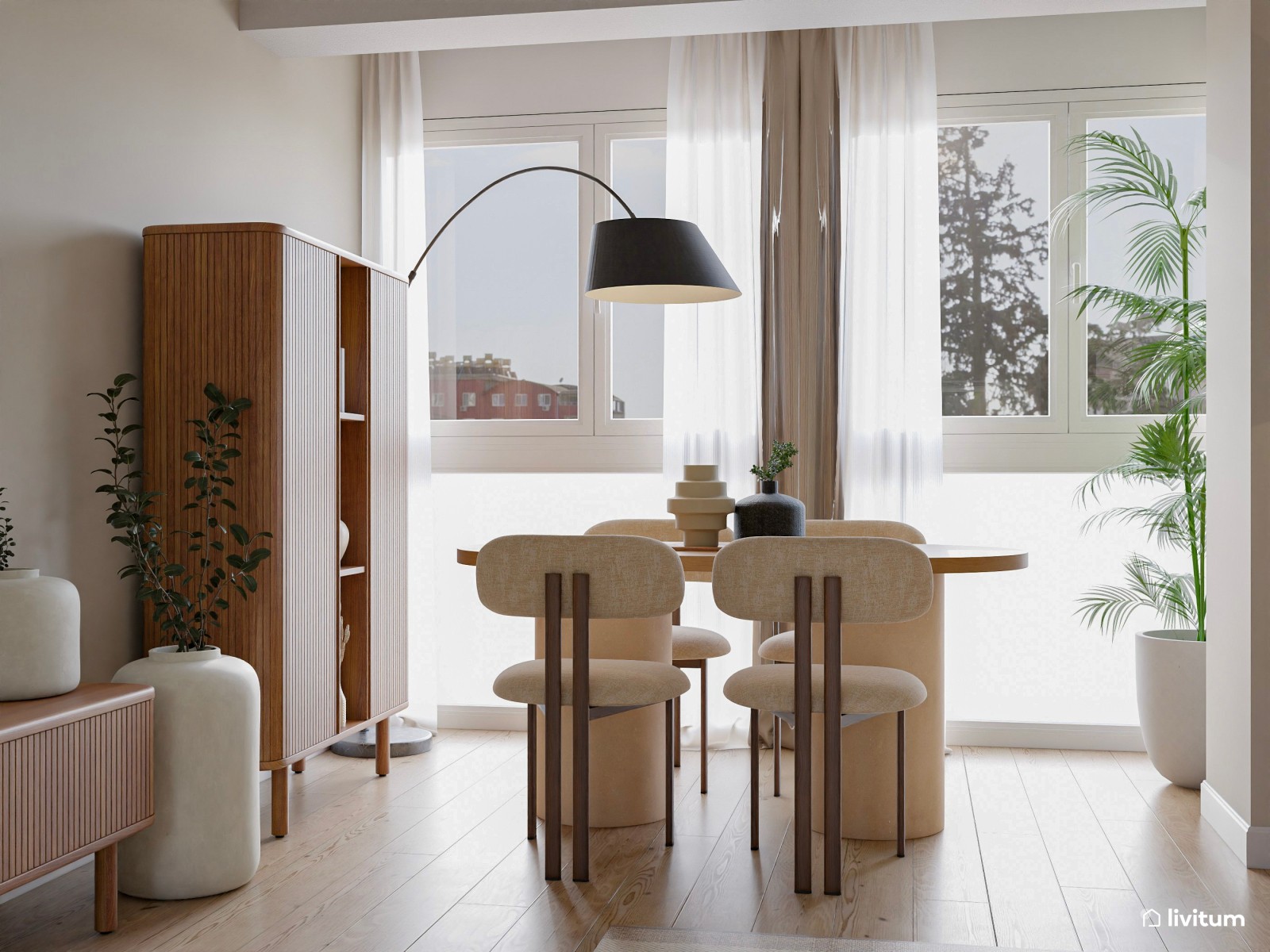 Salón moderno con toques bohemios en madera oscura, textiles claros y acentos grises