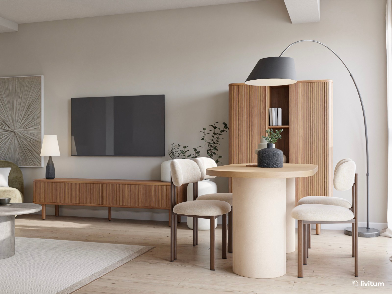 Salón moderno con toques bohemios en madera oscura, textiles claros y acentos grises